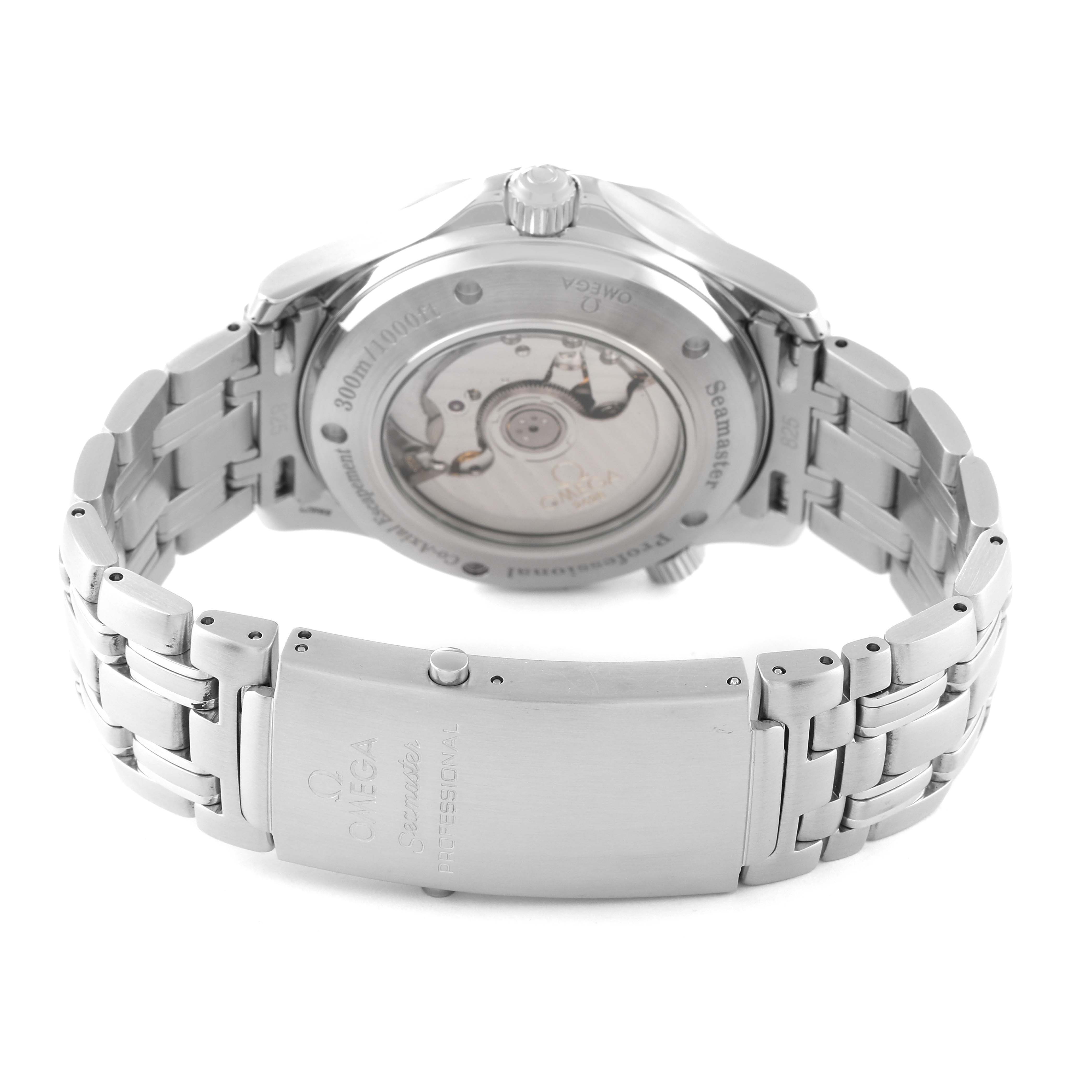 The image shows the Omega Seamaster 2535.80.00 Men's Stainless Steel Blue Dial 2535.80.00 Men's Stainless Steel Blue Dial watch from the back, highlighting the case back, bracelet, and clasp.