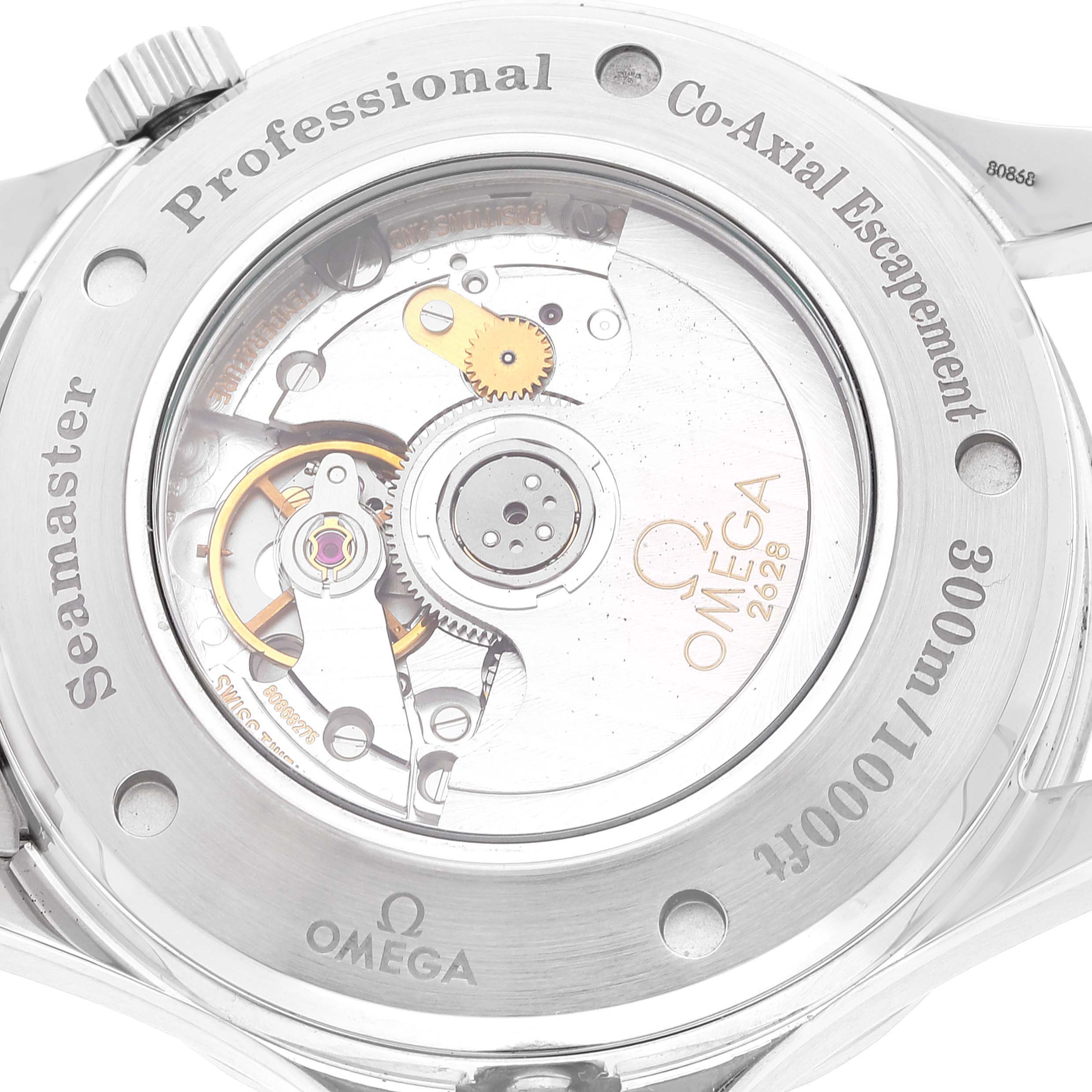 The image shows the back view of the Omega Seamaster 2535.80.00 Men's Stainless Steel Blue Dial 2535.80.00 Men's Stainless Steel Blue Dial watch, highlighting its internal mechanisms and engravings.