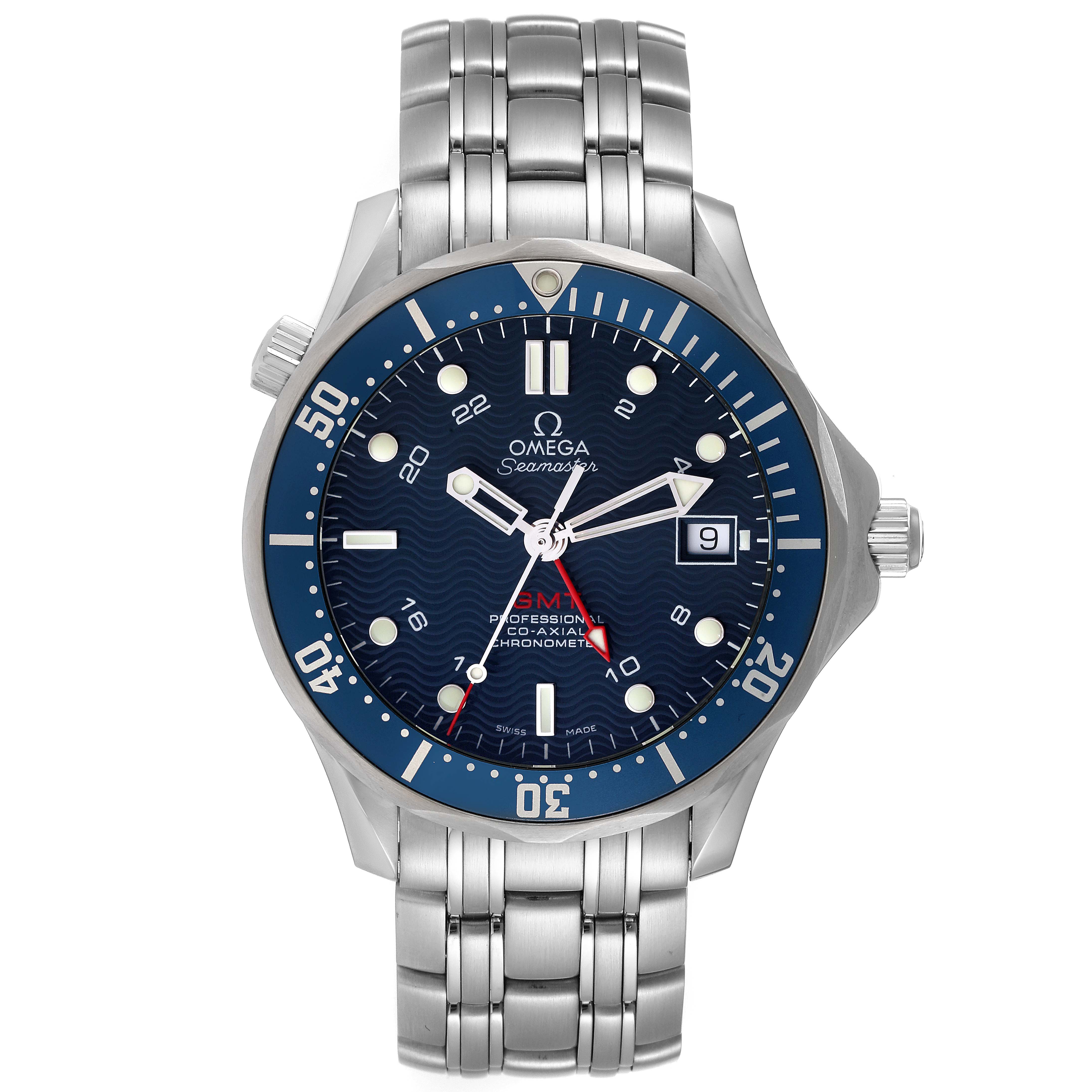 The Omega Seamaster 2535.80.00 Men's Stainless Steel Blue Dial 2535.80.00 Men's Stainless Steel Blue Dial watch is shown from the front, displaying the face, bezel, and metal strap.