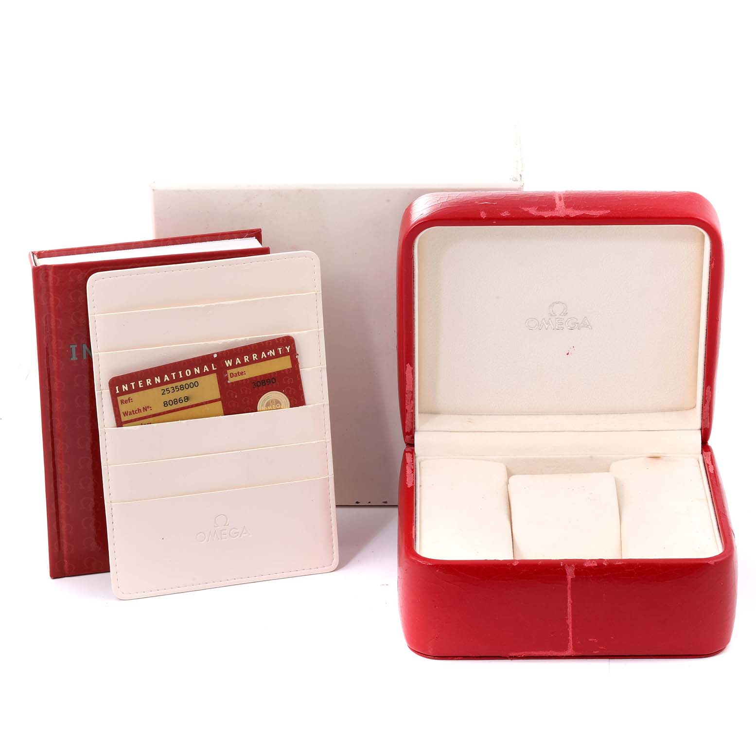 The image shows a red Omega Seamaster 2535.80.00 Men's Stainless Steel Blue Dial 2535.80.00 Men's Stainless Steel Blue Dial watch box, a cardholder with an international warranty card, and a manual.