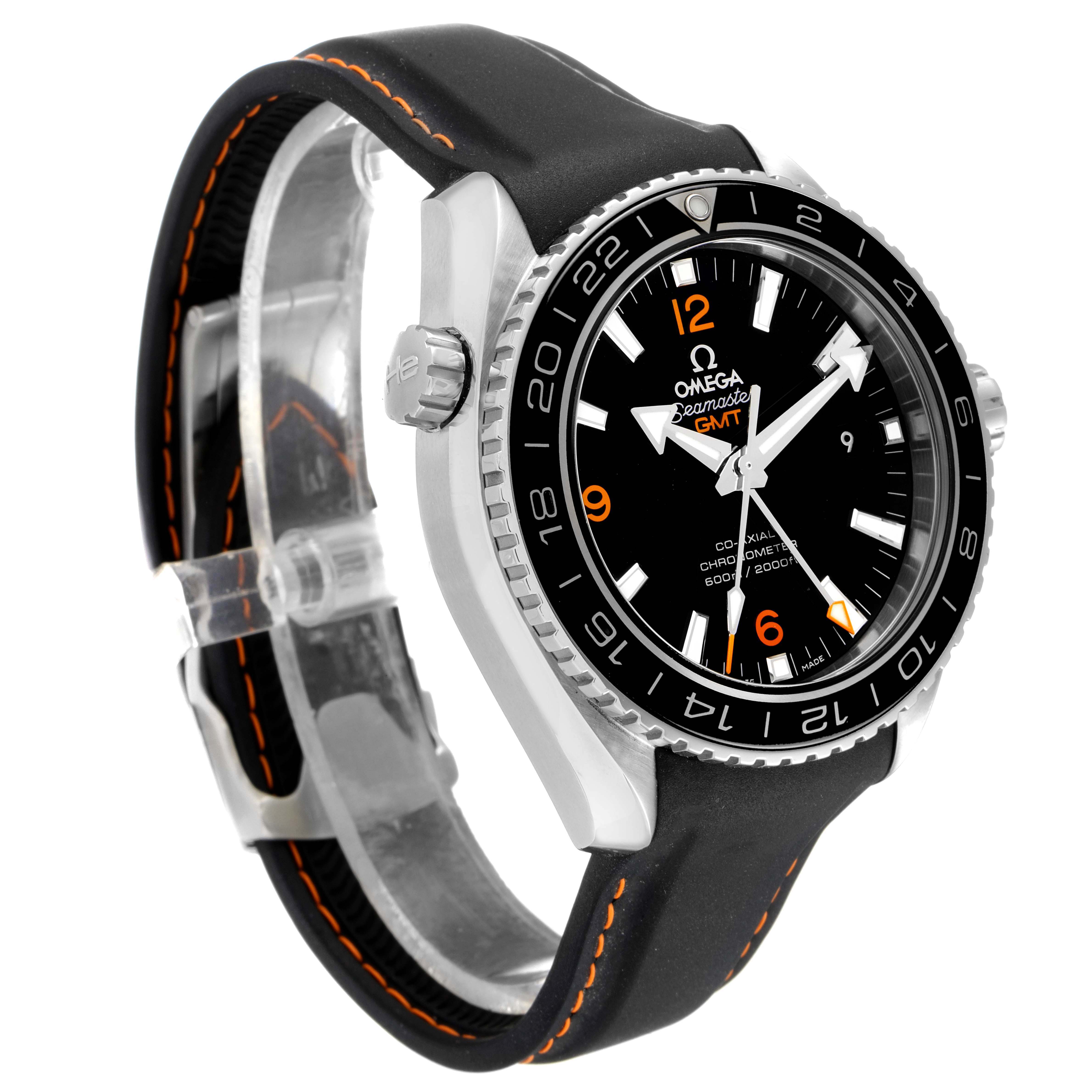 The image shows an angled view of the Omega Planet Ocean 232.32.44.22.01.002 Men's Stainless Steel Black Dial 232.32.44.22.01.002 Men's Stainless Steel Black Dial watch face, bezel, and strap with orange stitching.