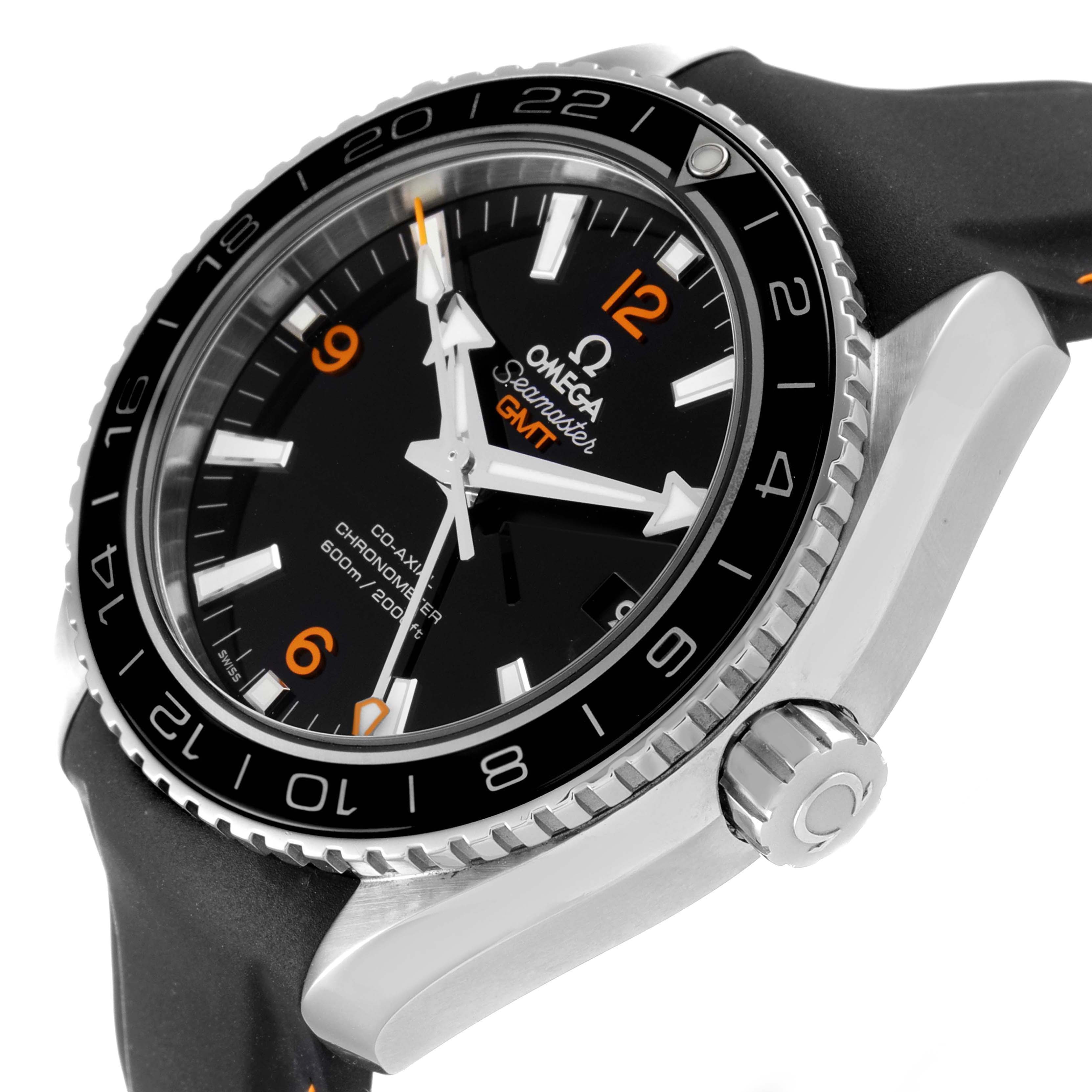 The image shows a close-up, side angle of the Omega Planet Ocean 232.32.44.22.01.002 Men's Stainless Steel Black Dial 232.32.44.22.01.002 Men's Stainless Steel Black Dial watch, highlighting the bezel, crown, and part of the strap.