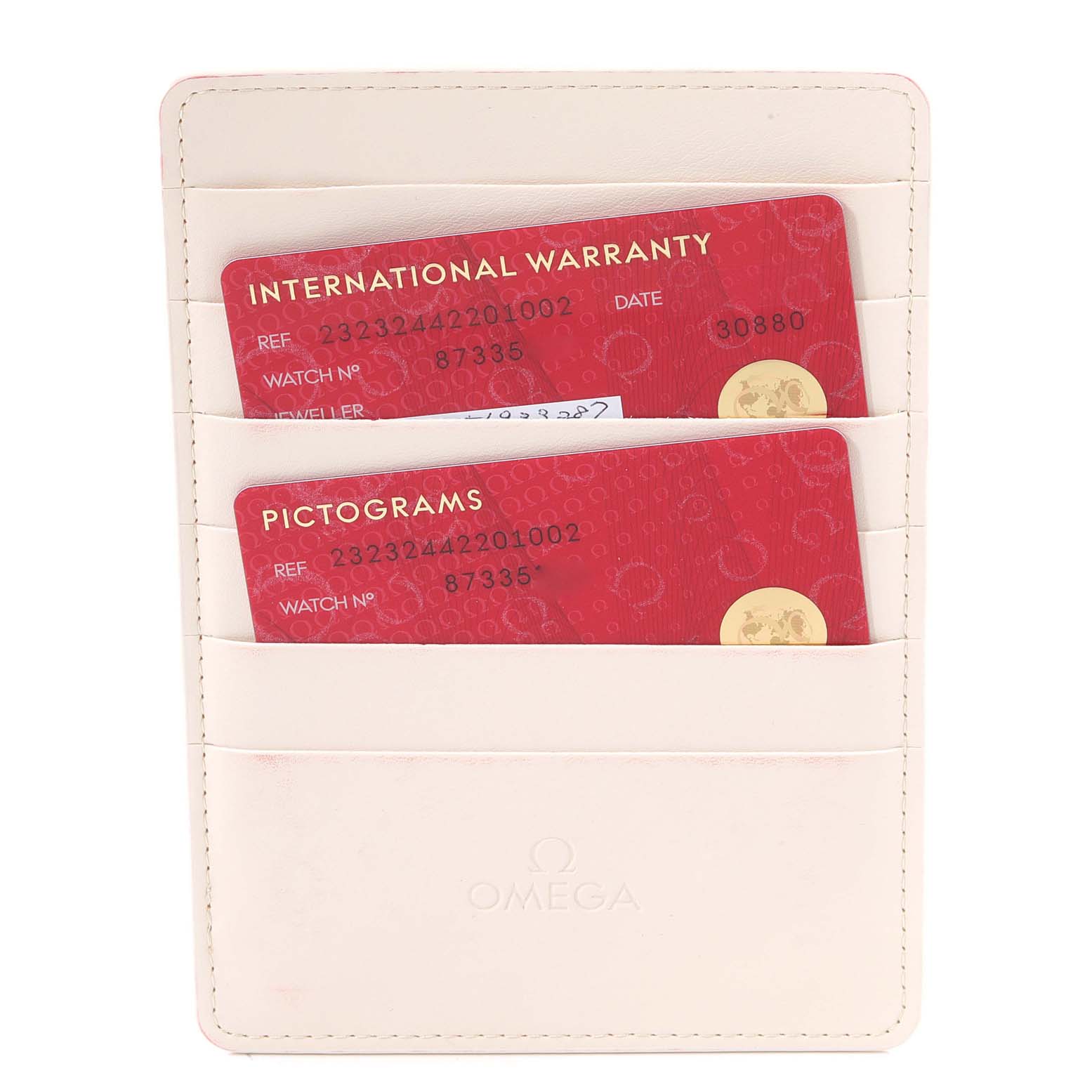 The image shows an Omega Planet Ocean 232.32.44.22.01.002 Men's Stainless Steel Black Dial 232.32.44.22.01.002 Men's Stainless Steel Black Dial watch's International Warranty and Pictograms cards in a white cardholder.