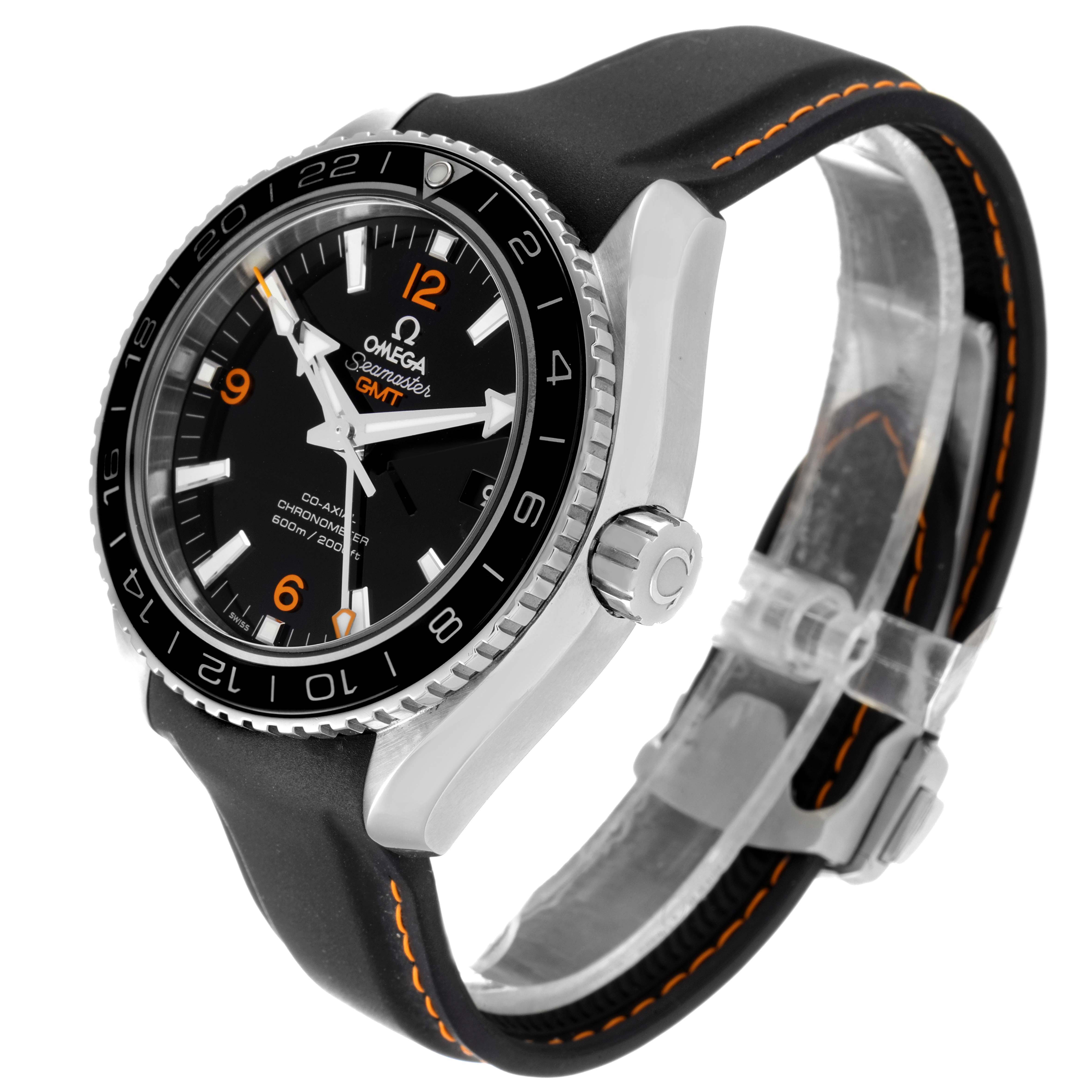 The Omega Planet Ocean 232.32.44.22.01.002 Men's Stainless Steel Black Dial 232.32.44.22.01.002 Men's Stainless Steel Black Dial watch is shown at a three-quarter angle, highlighting the face, bezel, crown, and band with orange stitching.