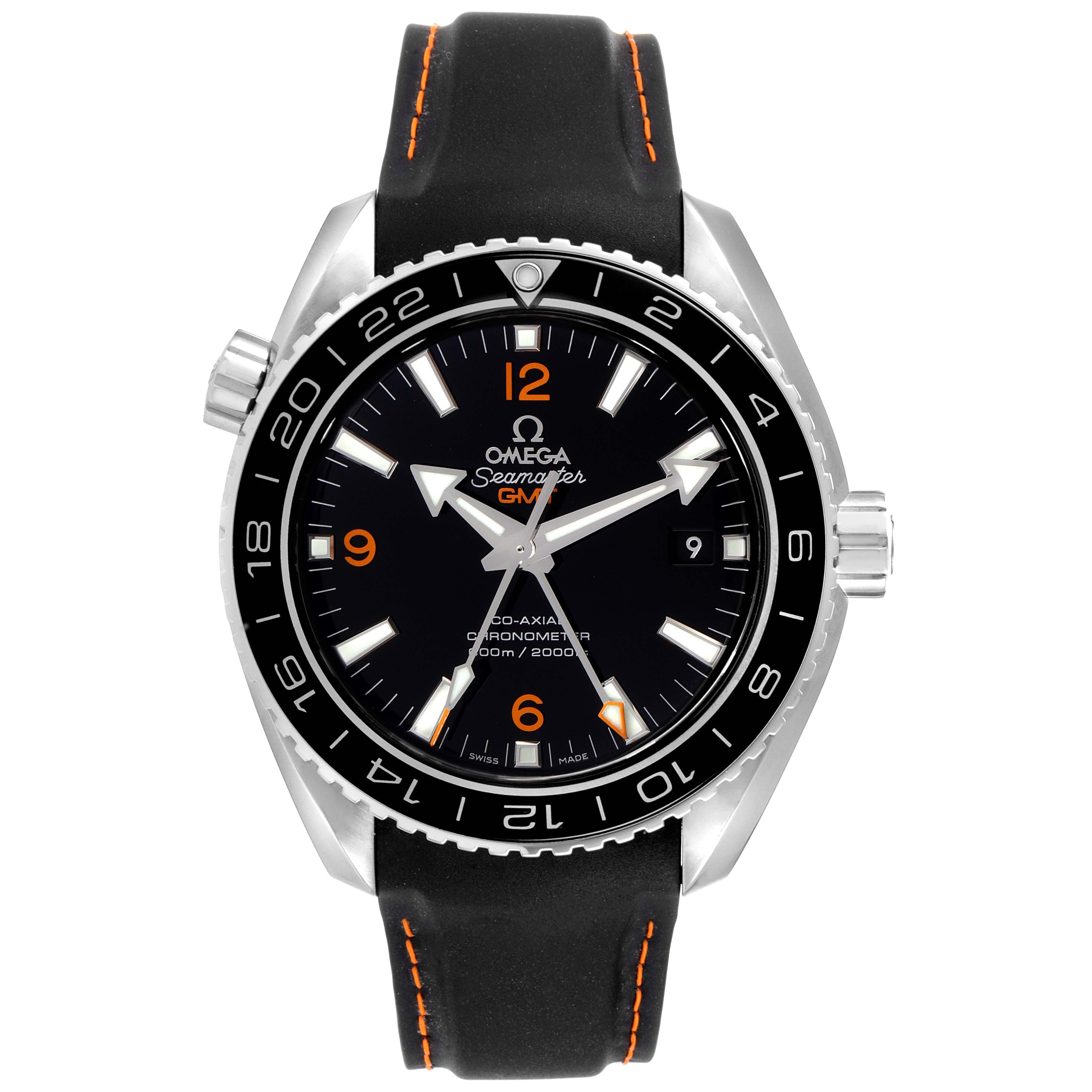 This image shows the front view of an Omega Planet Ocean 232.32.44.22.01.002 Men's Stainless Steel Black Dial 232.32.44.22.01.002 Men's Stainless Steel Black Dial model watch, highlighting its dial, bezel, crown, and strap.