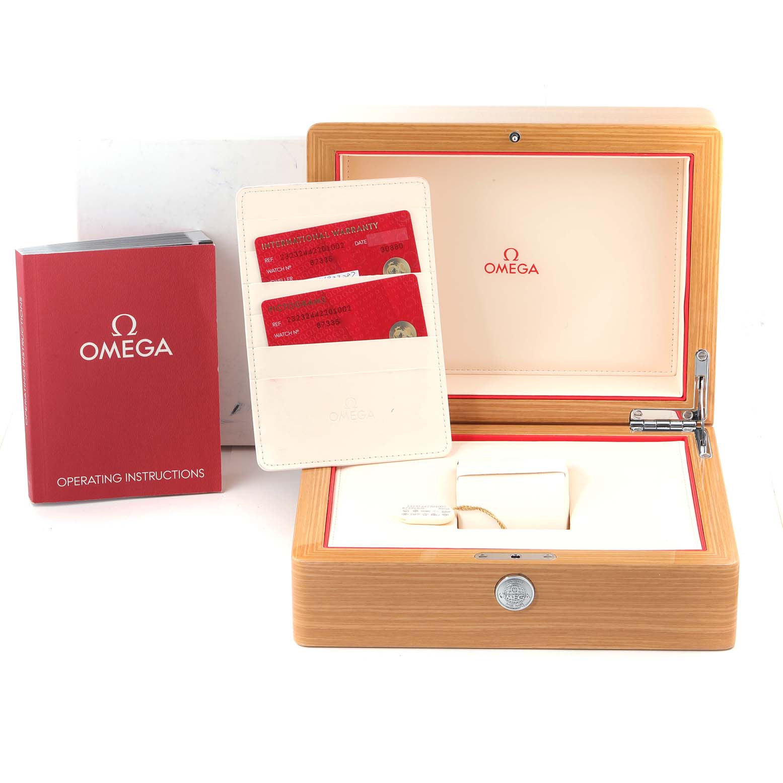 The image shows an open Omega Planet Ocean 232.32.44.22.01.002 Men's Stainless Steel Black Dial 232.32.44.22.01.002 Men's Stainless Steel Black Dial watch box, warranty cards, and the operating instructions booklet.