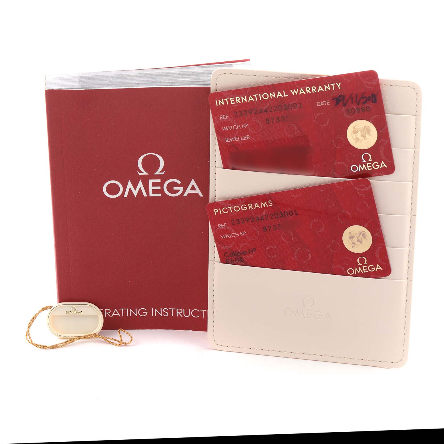 The image shows Omega Seamaster 232.92.44.22.03.001 Men's Titanium Blue Dial accessories, including a red booklet, warranty, pictogram cards, and a small tag.