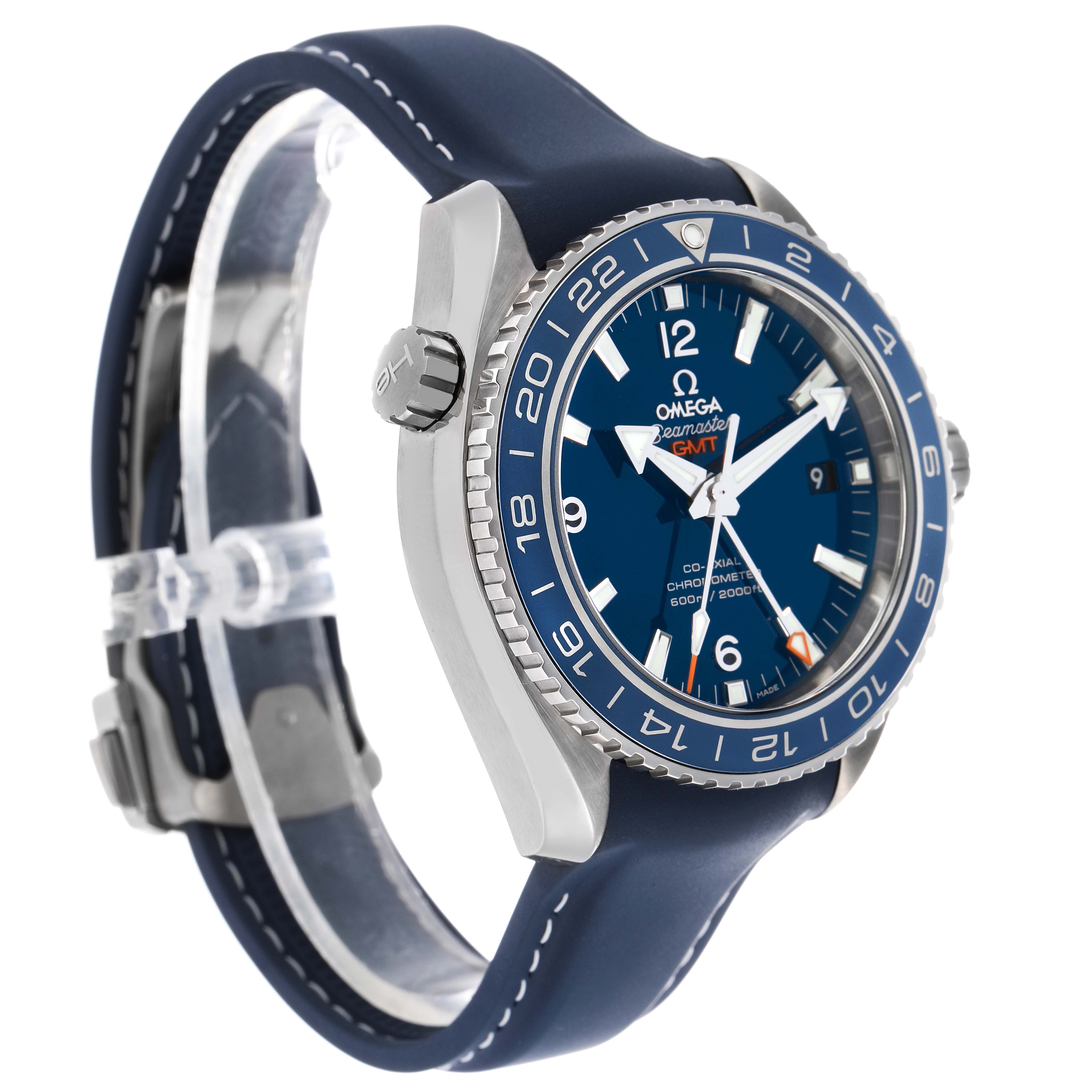 The image shows an Omega Seamaster 232.92.44.22.03.001 Men's Titanium Blue Dial watch at a three-quarter angle, highlighting the bezel, dial, crown, and strap.