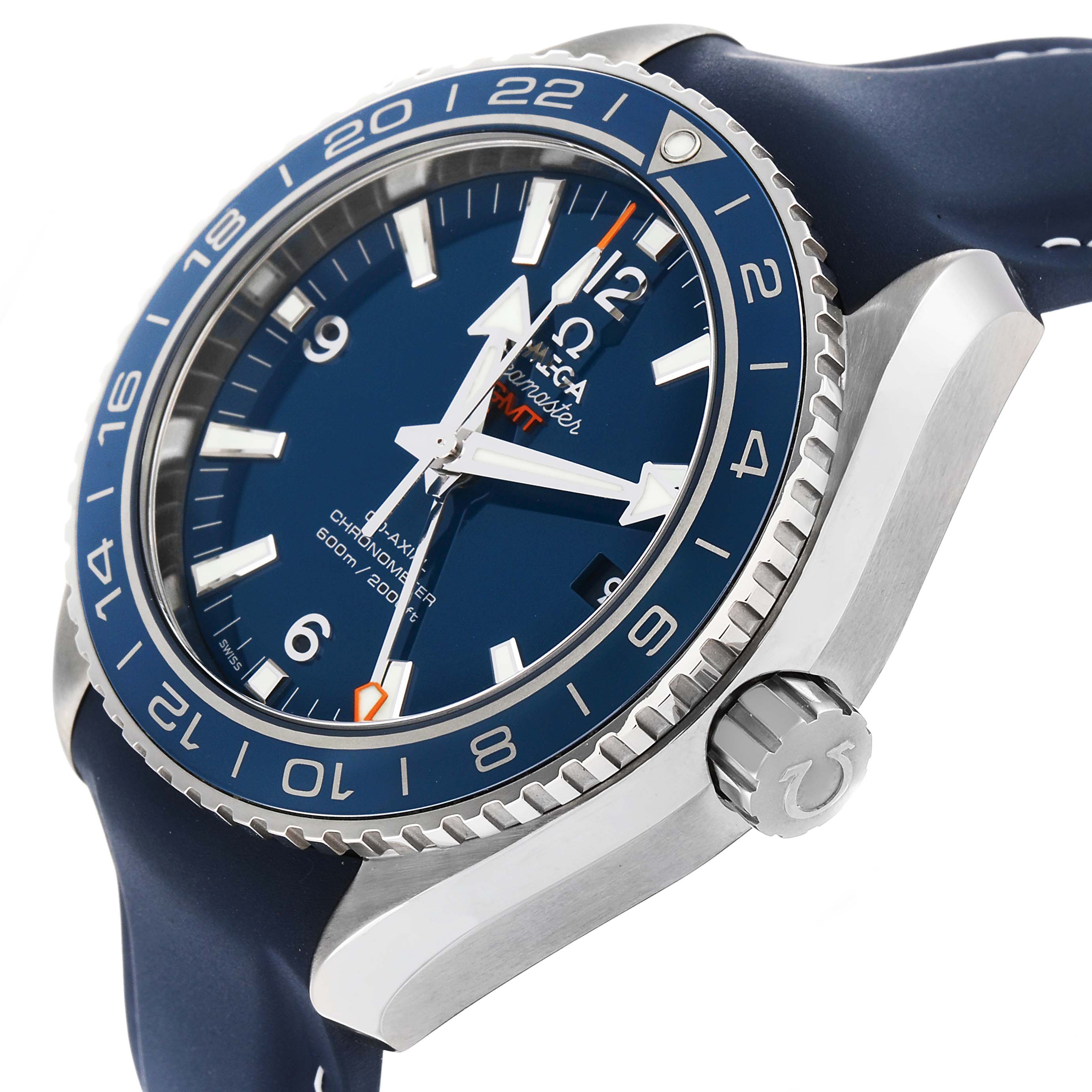 The Omega Seamaster 232.92.44.22.03.001 Men's Titanium Blue Dial watch is shown at an angled side view, displaying the bezel, crown, and part of the strap.