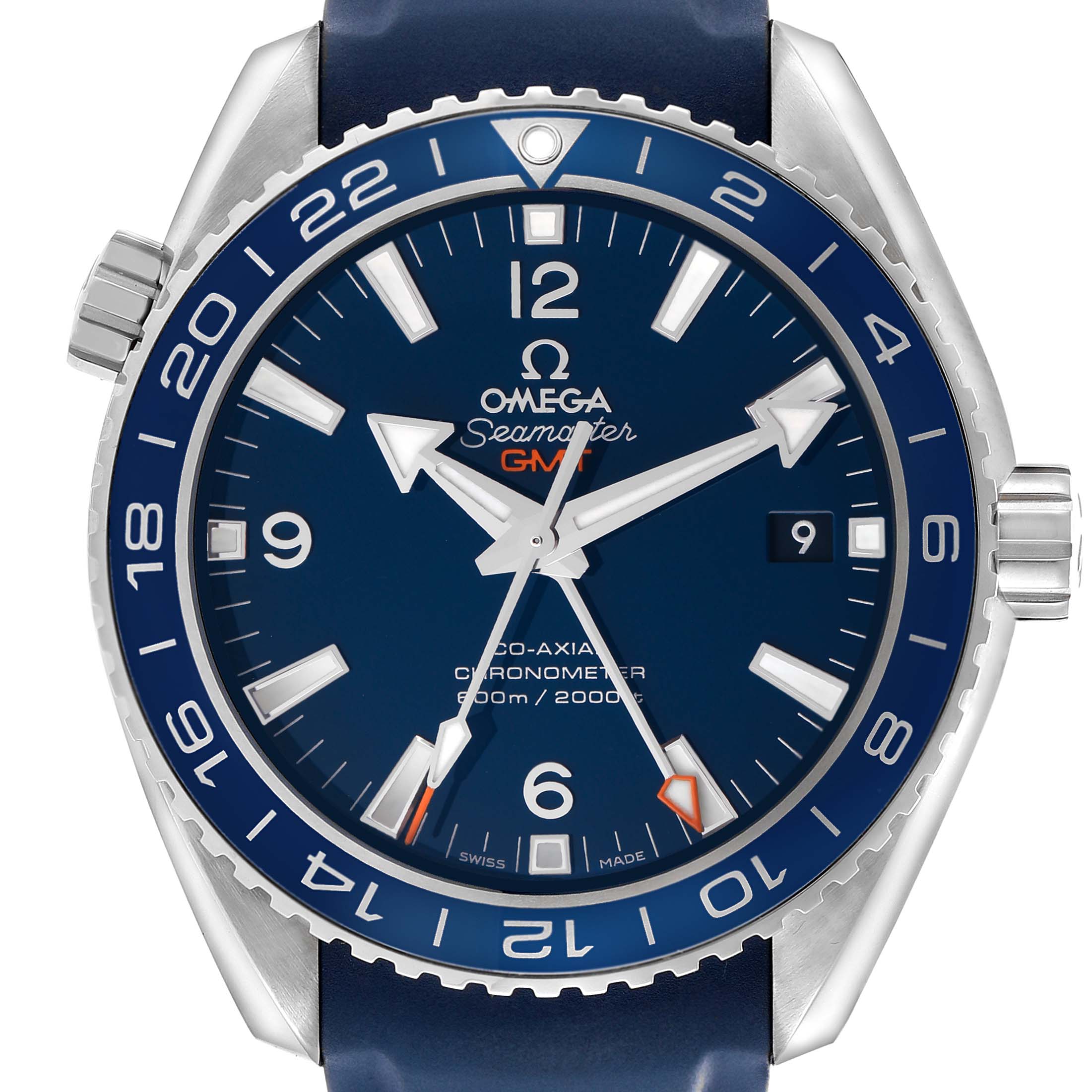 The Omega Seamaster 232.92.44.22.03.001 Men's Titanium Blue Dial watch is shown from a front angle, displaying the dial, bezel, crown, and strap attachment.