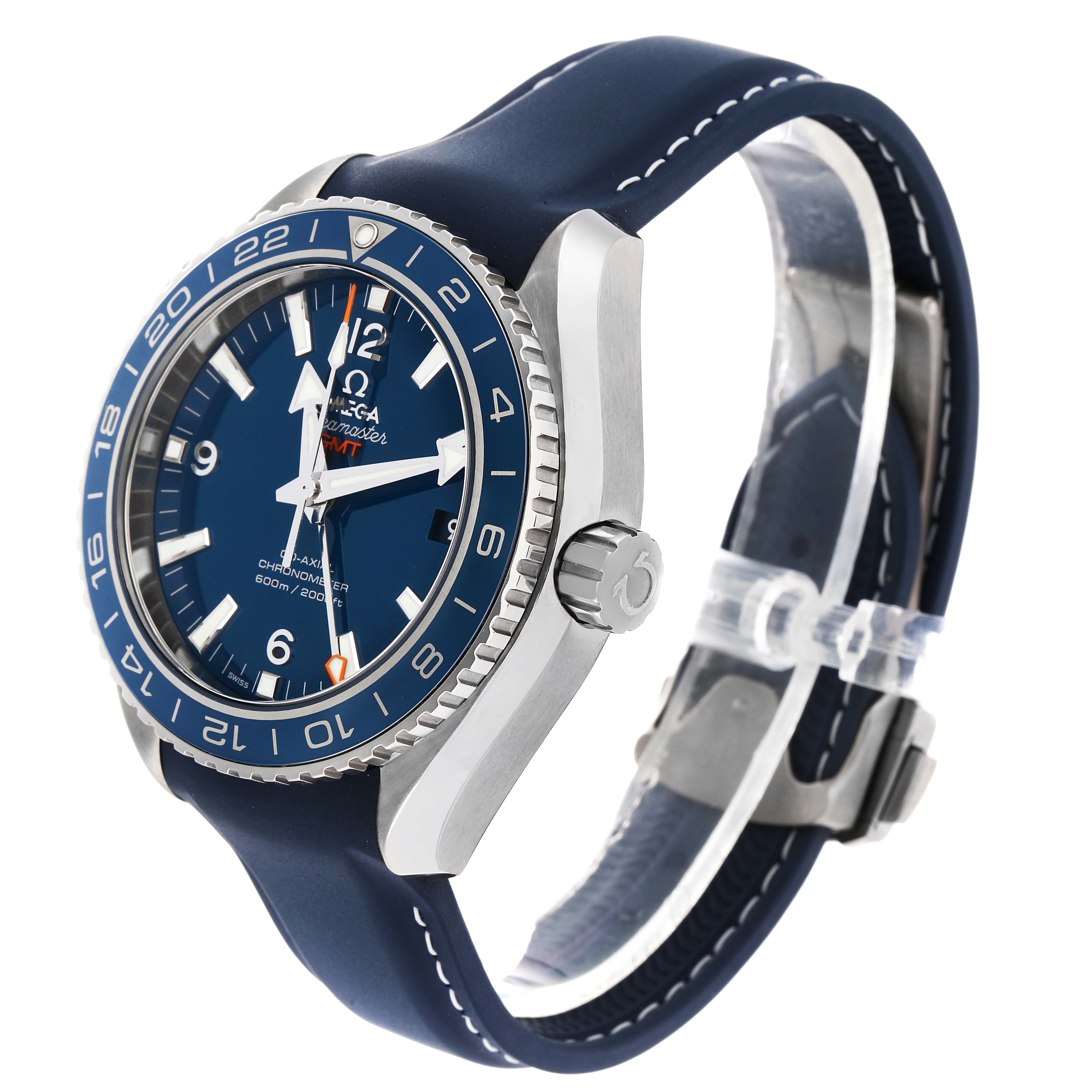 The Omega Seamaster 232.92.44.22.03.001 Men's Titanium Blue Dial watch is shown at a three-quarter angle, displaying the face, bezel, crown, and blue strap.