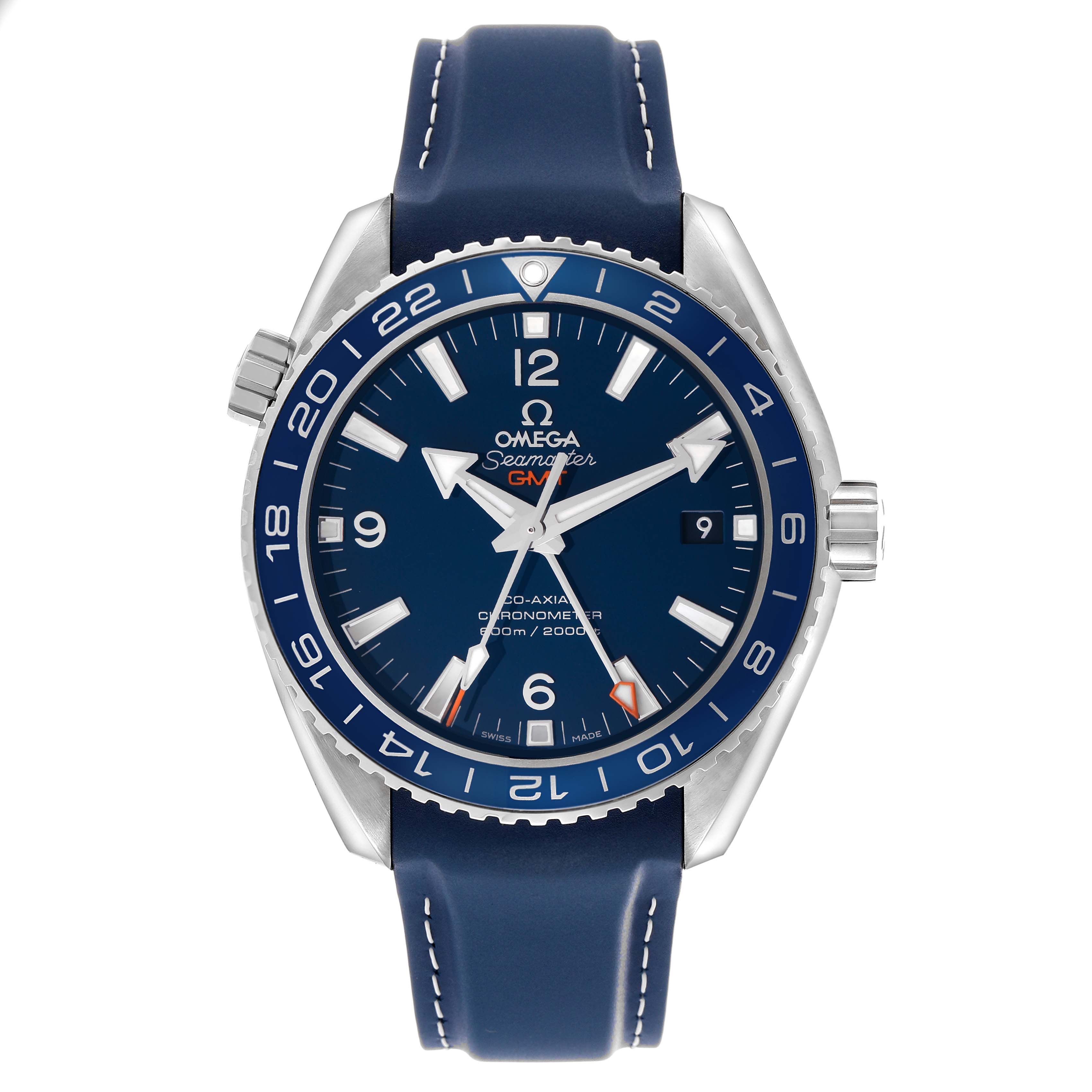 The Omega Seamaster 232.92.44.22.03.001 Men's Titanium Blue Dial watch is shown from a front angle, displaying its dial, bezel, and strap.