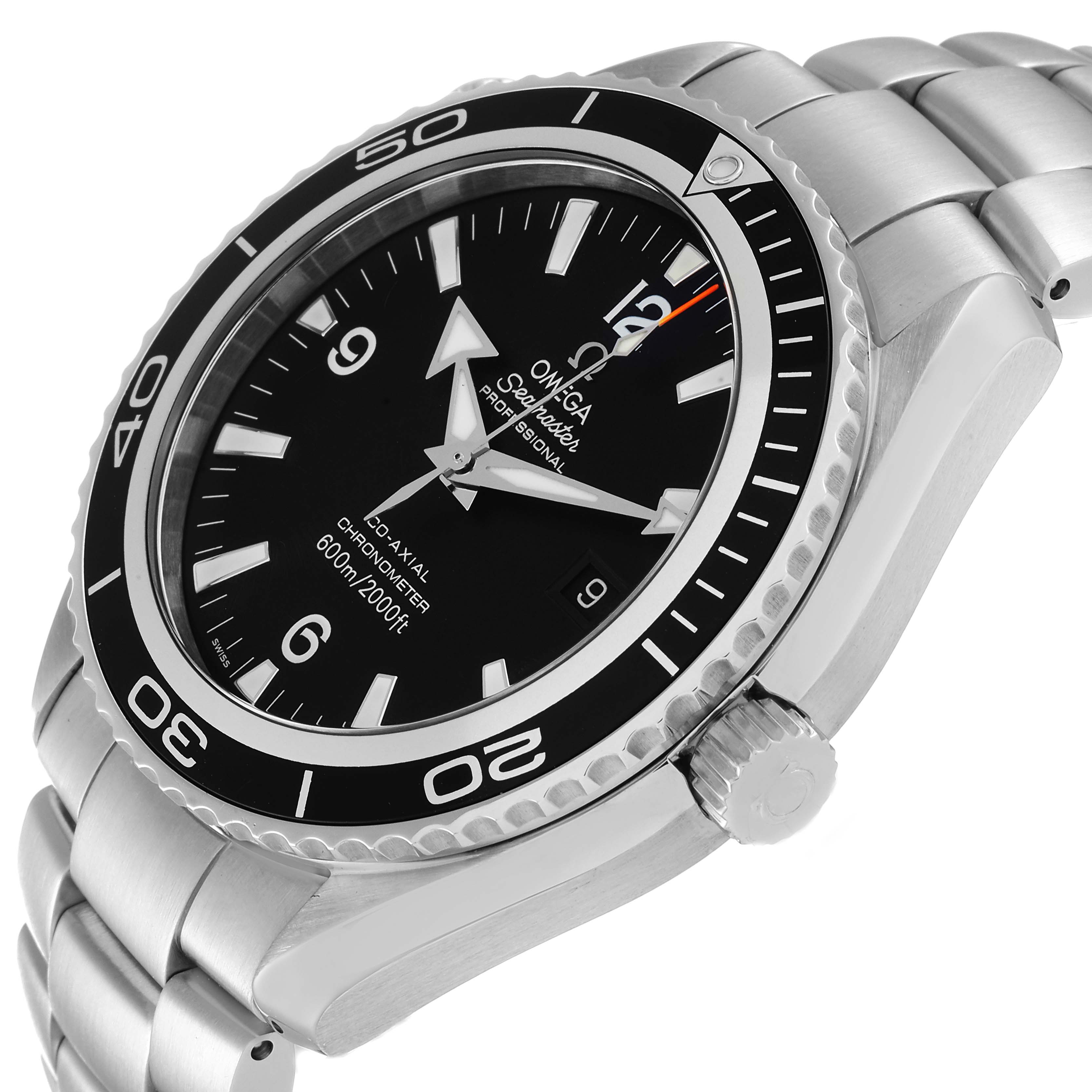 The Omega Planet Ocean 2200.50.00 Men
s Stainless Steel Black Dial 2200.50.00 Men
s Stainless Steel Black Dial watch is shown at a diagonal angle, displaying the face, bezel, crown, and part of the bracelet.