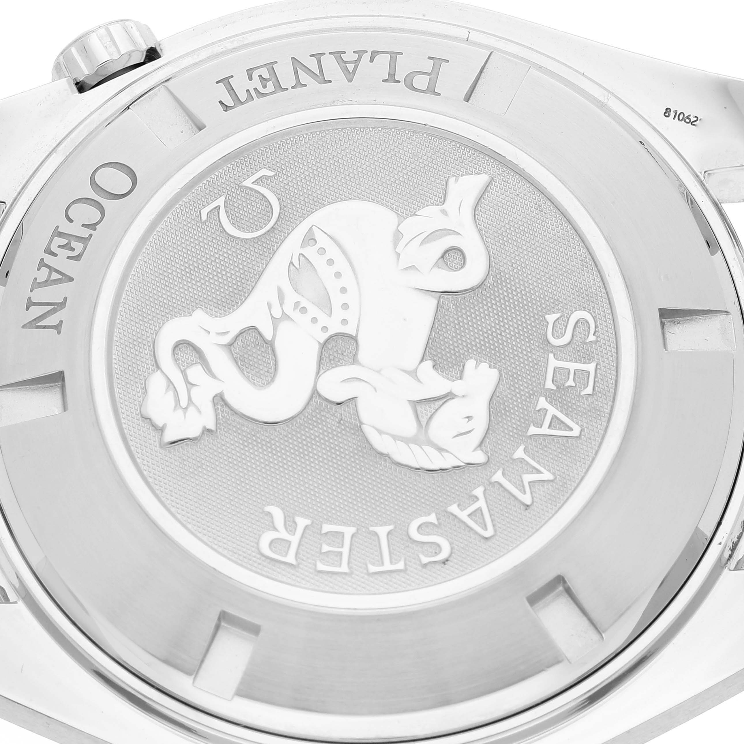 The image shows the back case of the Omega Planet Ocean 2200.50.00 Men
s Stainless Steel Black Dial 2200.50.00 Men
s Stainless Steel Black Dial Seamaster watch, highlighting its engraved design and logo.