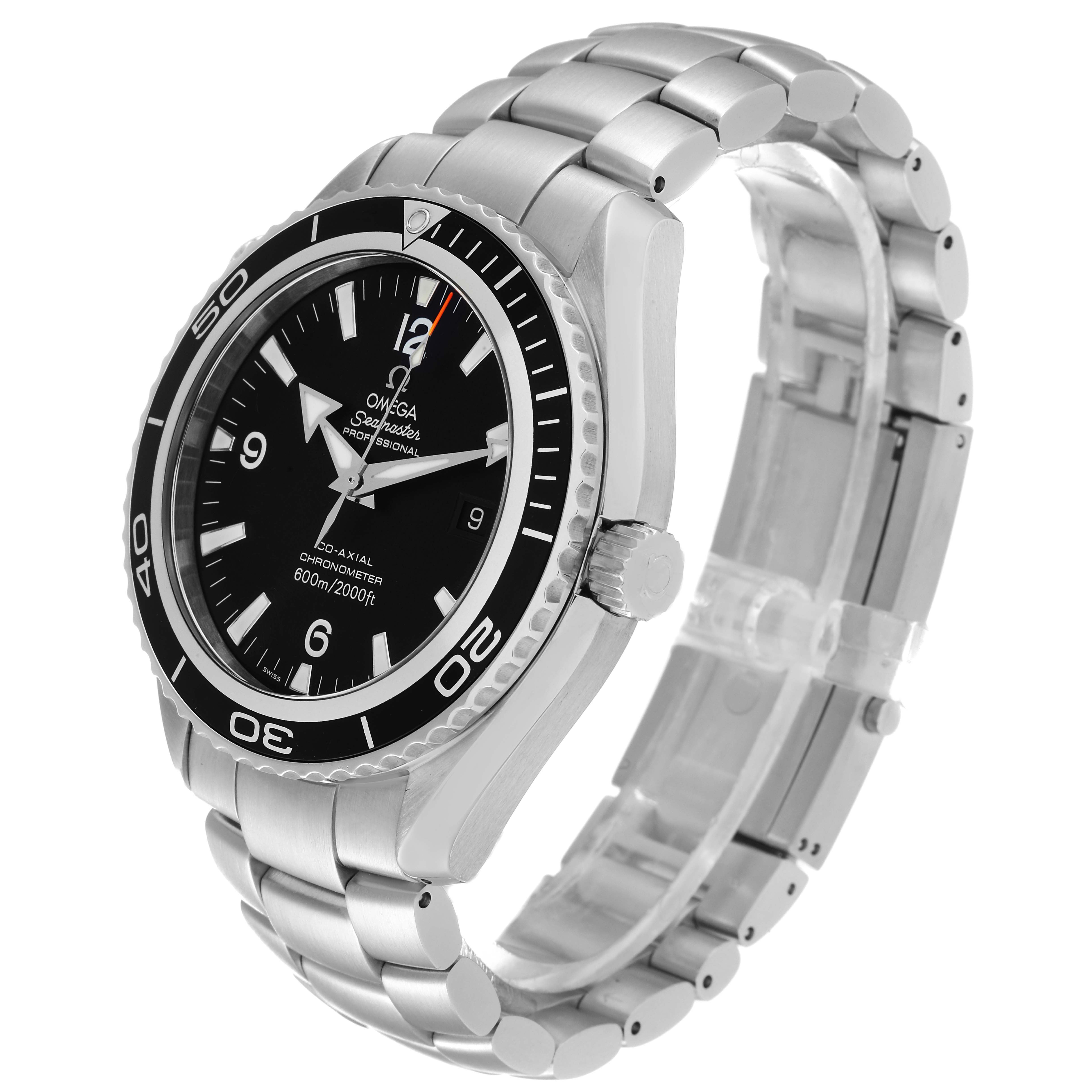 The Omega Planet Ocean 2200.50.00 Men
s Stainless Steel Black Dial 2200.50.00 Men
s Stainless Steel Black Dial watch is shown from a three-quarter angle, displaying the dial, bezel, crown, and metal bracelet.