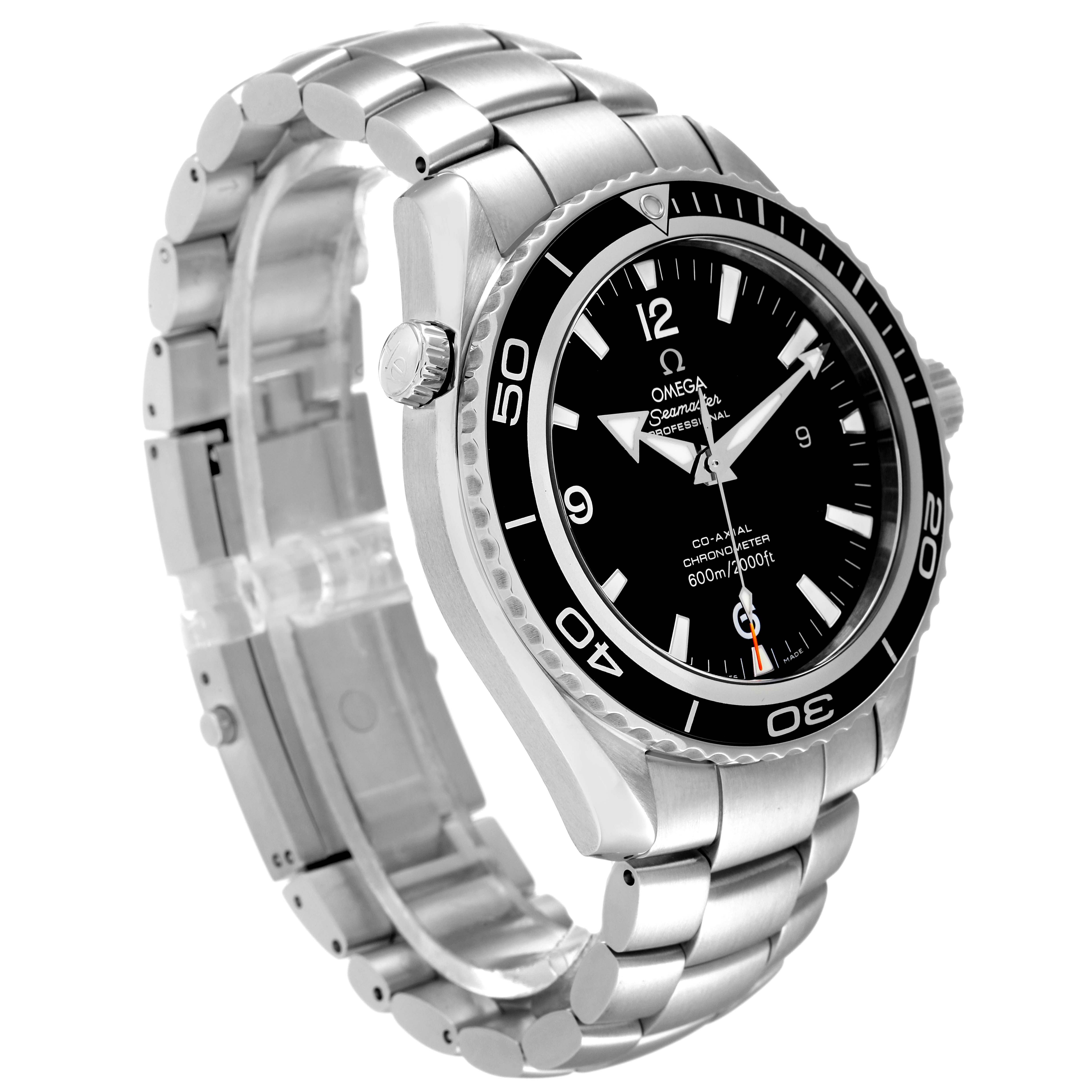 The image shows an Omega Planet Ocean 2200.50.00 Men
s Stainless Steel Black Dial 2200.50.00 Men
s Stainless Steel Black Dial watch at a three-quarter front angle, displaying its face, bezel, crown, and stainless steel bracelet.