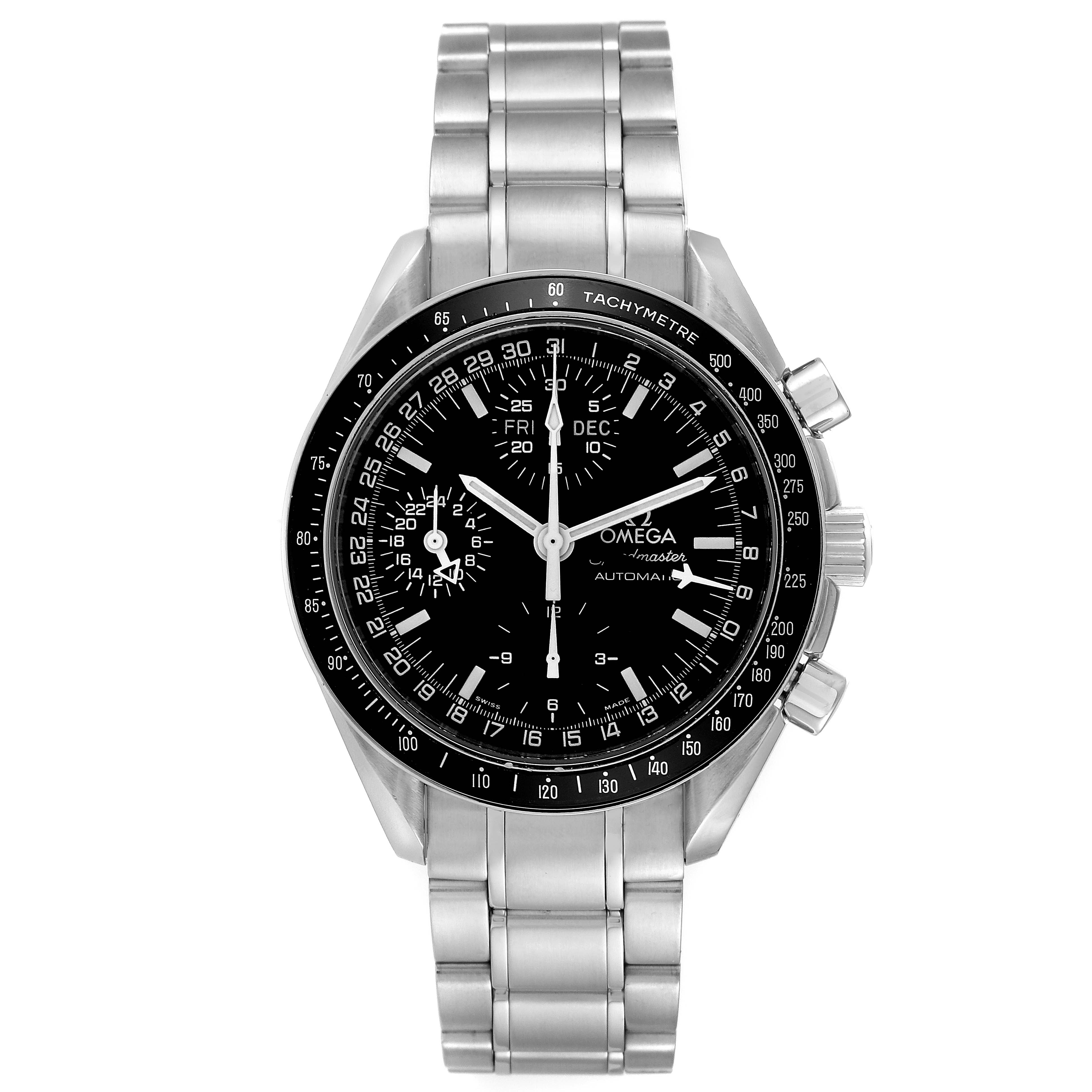 The Omega Speedmaster 3520.50.00 Men
s Stainless Steel Black Dial 3520.50.00 Men
s Stainless Steel Black Dial watch is shown from the front, displaying its face, tachymeter bezel, and stainless steel bracelet.