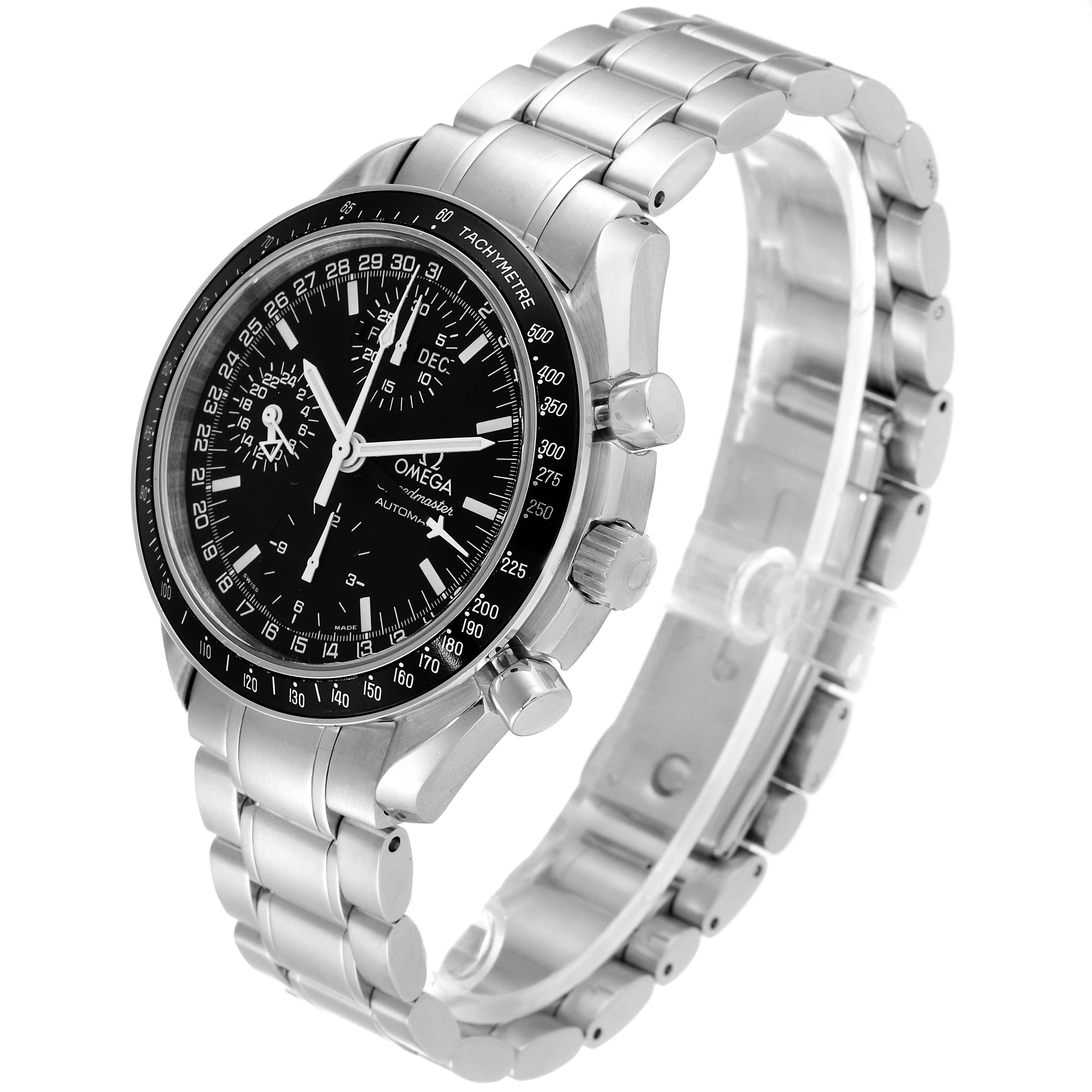 The image shows an Omega Speedmaster 3520.50.00 Men
s Stainless Steel Black Dial 3520.50.00 Men
s Stainless Steel Black Dial watch from a three-quarter angle displaying its bezel, dial, and stainless steel bracelet.