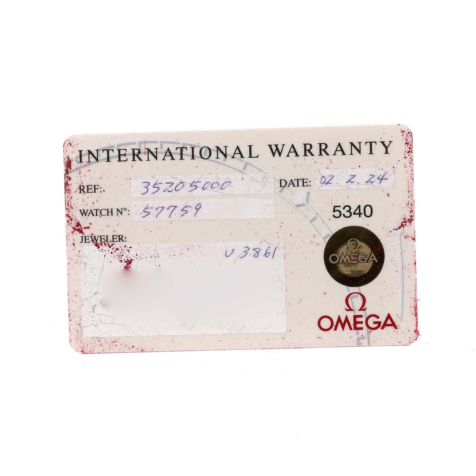 The image shows the Omega Speedmaster 3520.50.00 Men
s Stainless Steel Black Dial 3520.50.00 Men
s Stainless Steel Black Dial
s international warranty card, displaying reference number, watch number, jeweler, and purchase date.