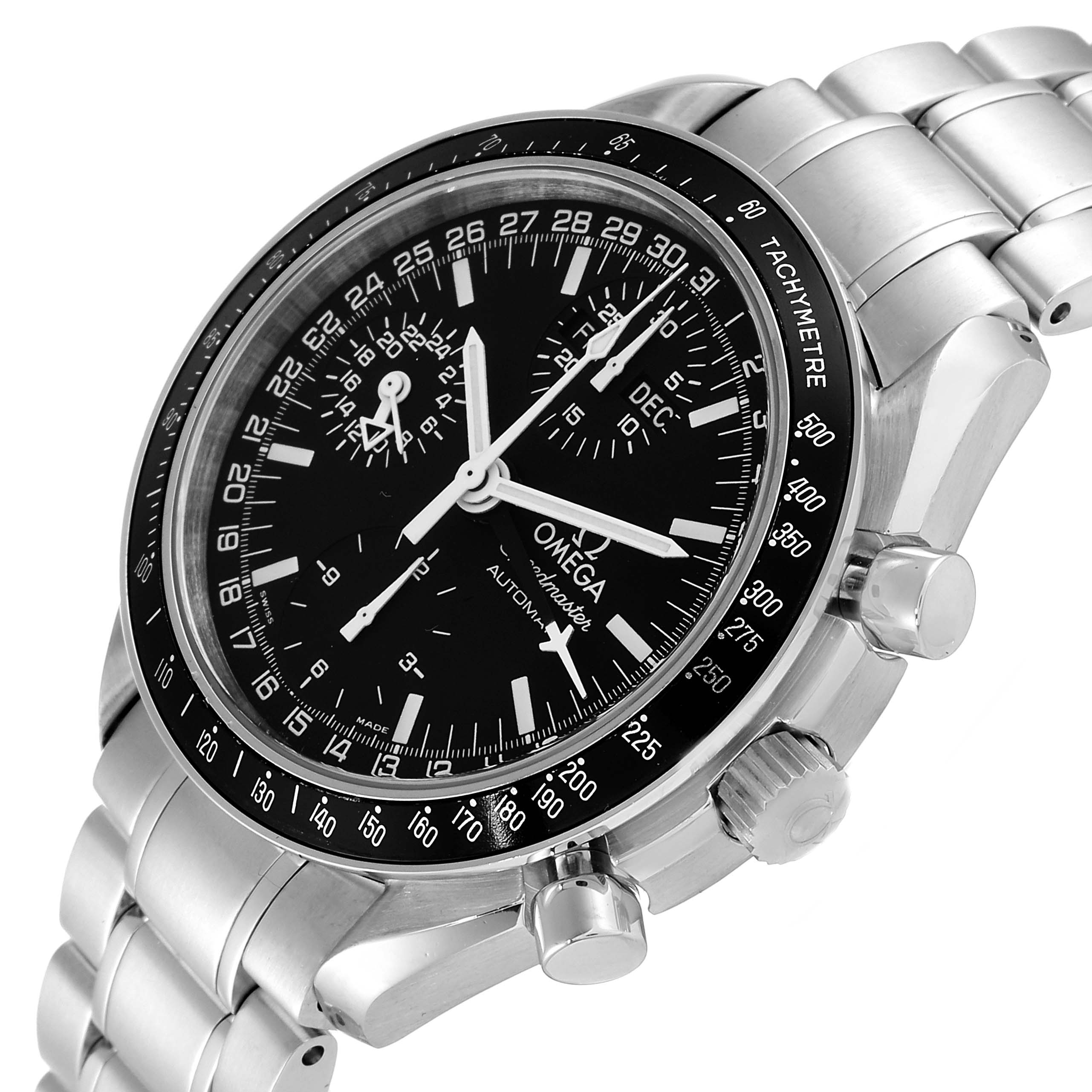 The Omega Speedmaster 3520.50.00 Men
s Stainless Steel Black Dial 3520.50.00 Men
s Stainless Steel Black Dial watch is shown from a slightly angled view, displaying the dial, bezel, and the stainless steel bracelet.