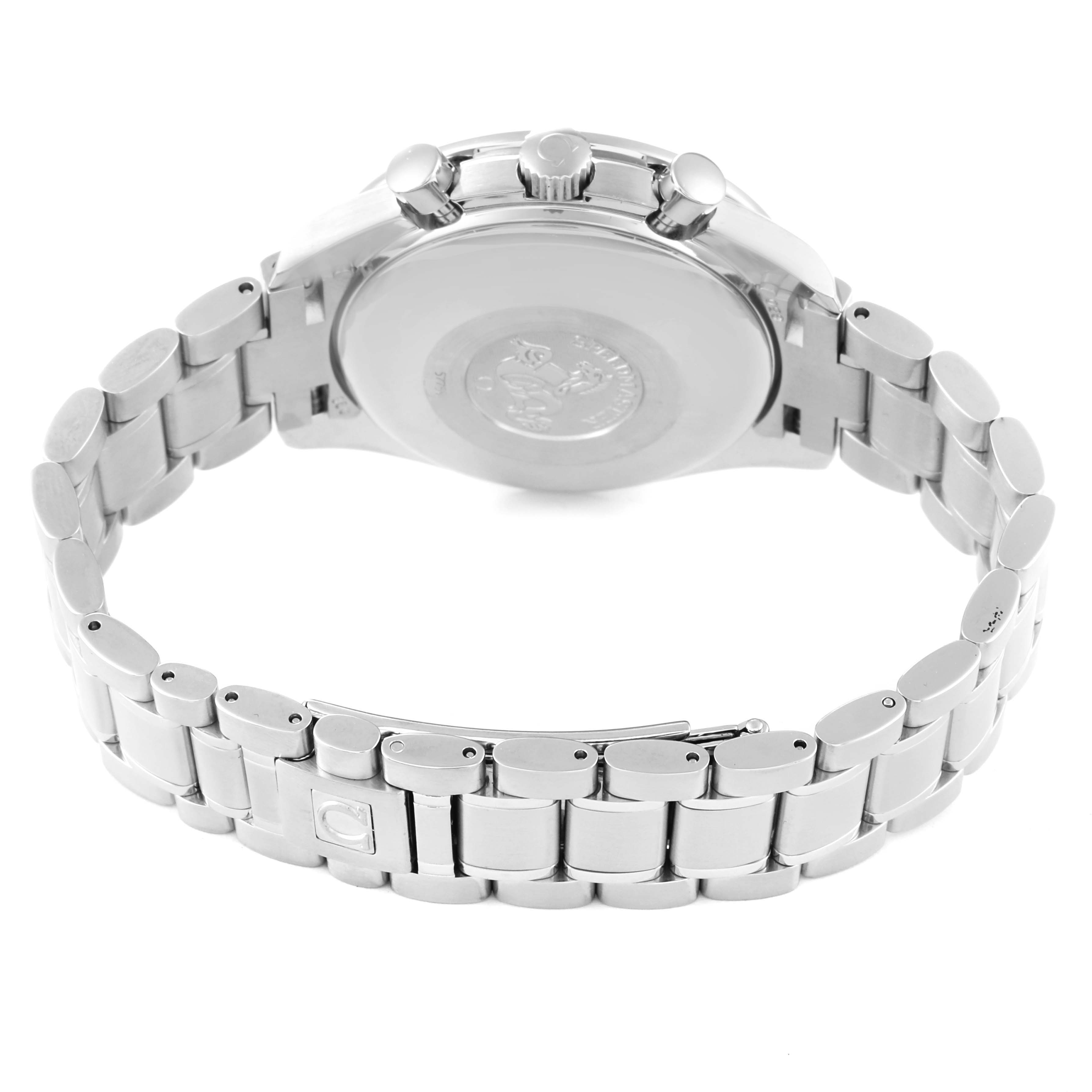 This image shows the back and side view of an Omega Speedmaster 3520.50.00 Men
s Stainless Steel Black Dial 3520.50.00 Men
s Stainless Steel Black Dial watch, highlighting its bracelet and case back.