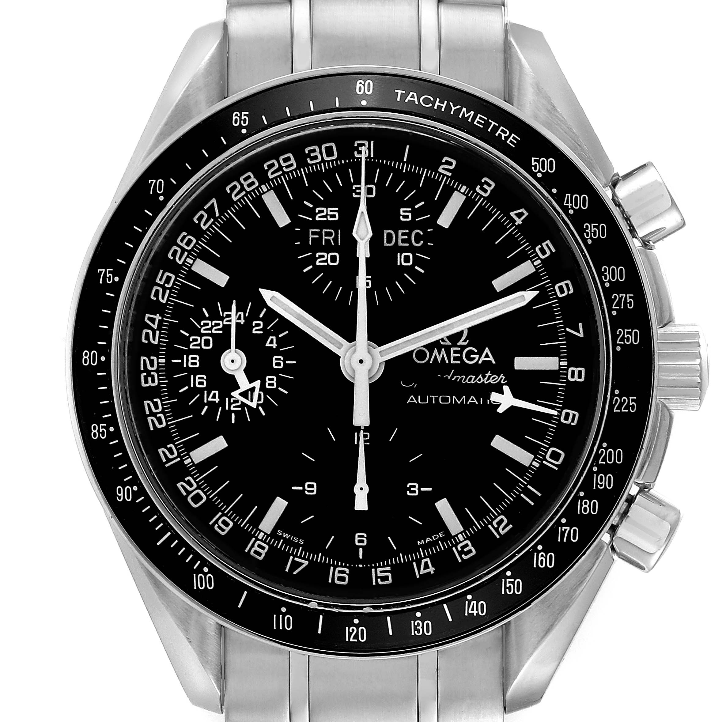 The Omega Speedmaster 3520.50.00 Men
s Stainless Steel Black Dial 3520.50.00 Men
s Stainless Steel Black Dial watch is shown from a front angle, displaying its black dial, chronograph subdials, date indicator, and stainless steel bracelet.