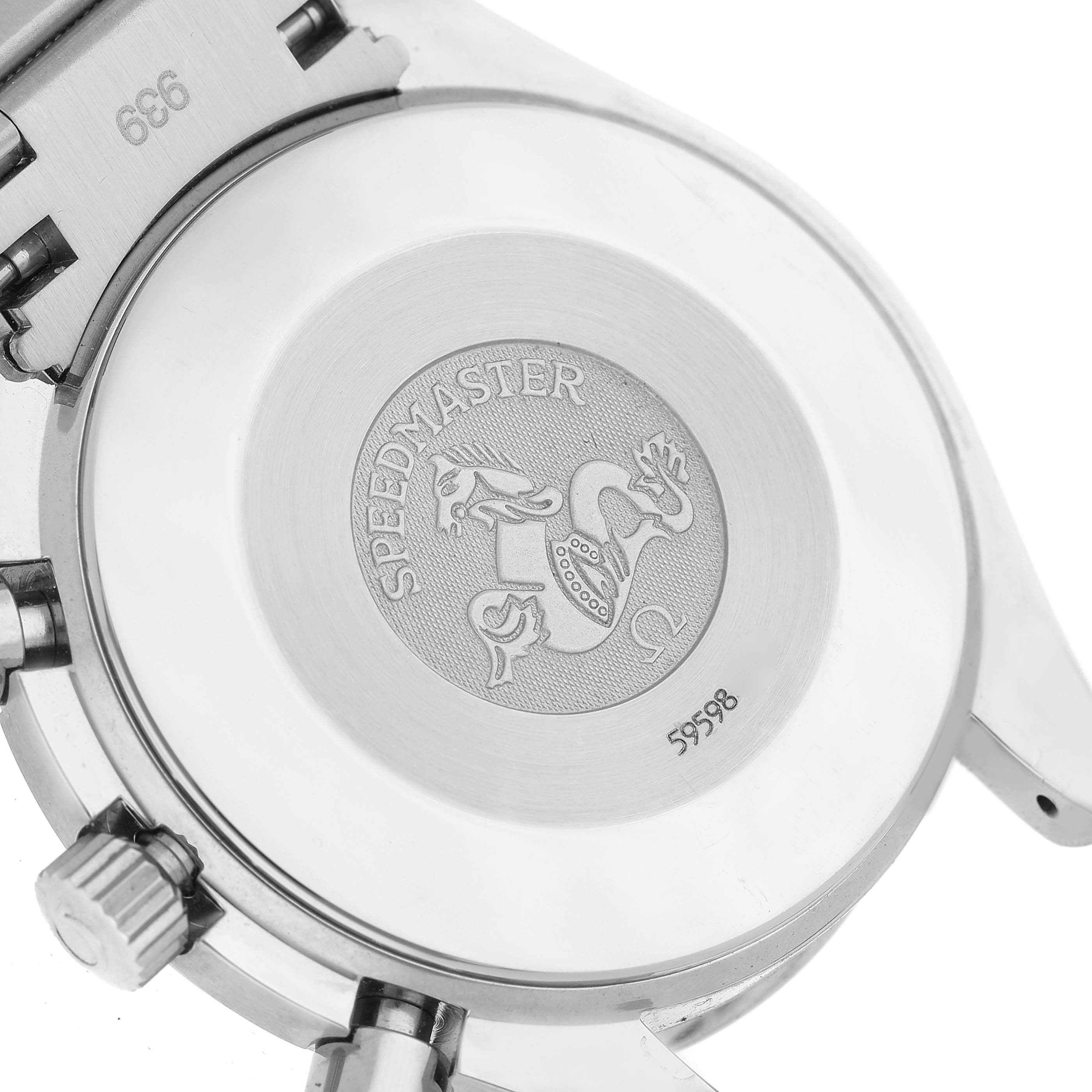 This image shows the back case of an Omega Speedmaster 3534.70.00 Men's Stainless Steel Mother of Pearl Dial 3534.70.00 Men's Stainless Steel Mother of Pearl Dial watch with engraved branding and model details.