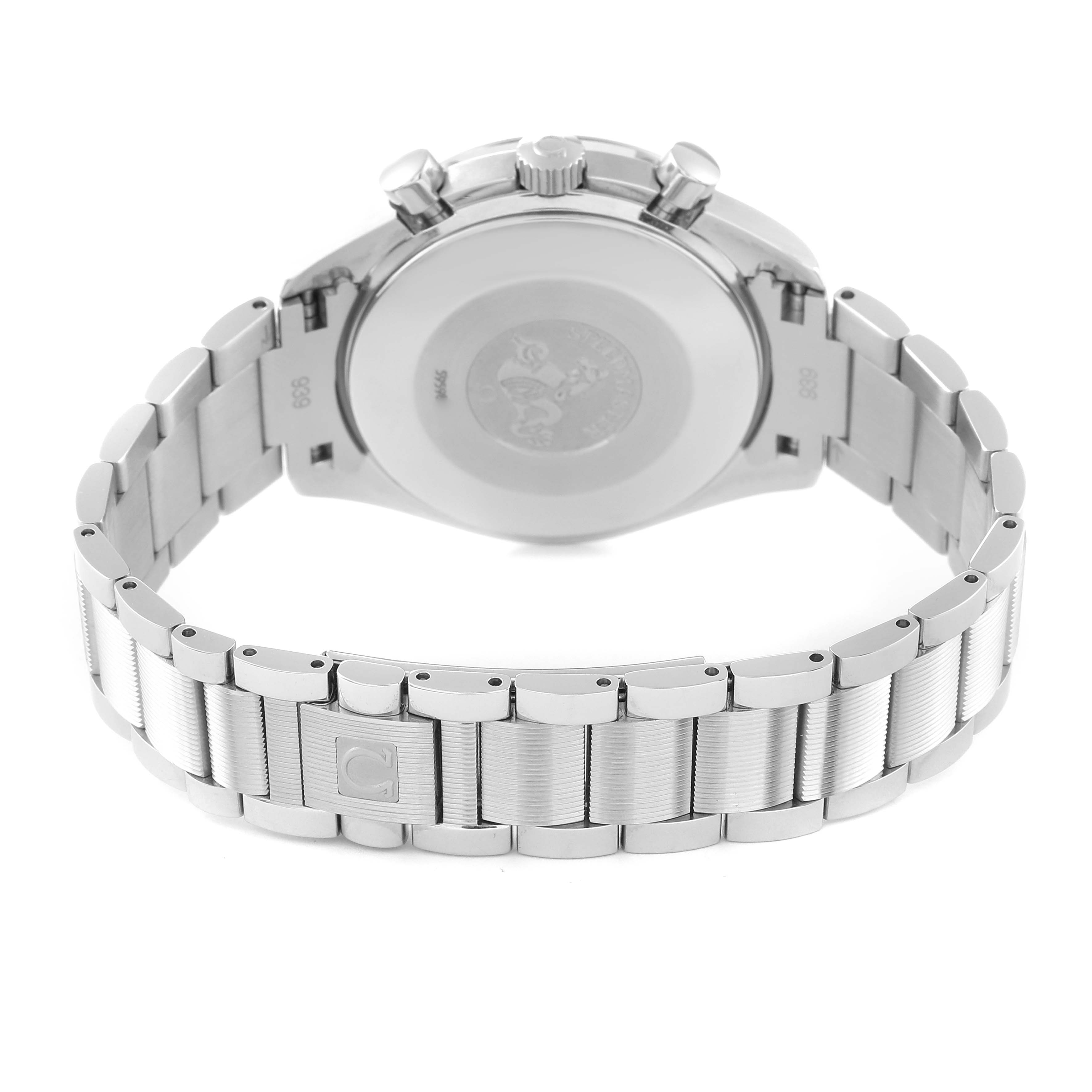 The image shows the back view of an Omega Speedmaster 3534.70.00 Men's Stainless Steel Mother of Pearl Dial 3534.70.00 Men's Stainless Steel Mother of Pearl Dial watch, highlighting its stainless steel case back and bracelet.