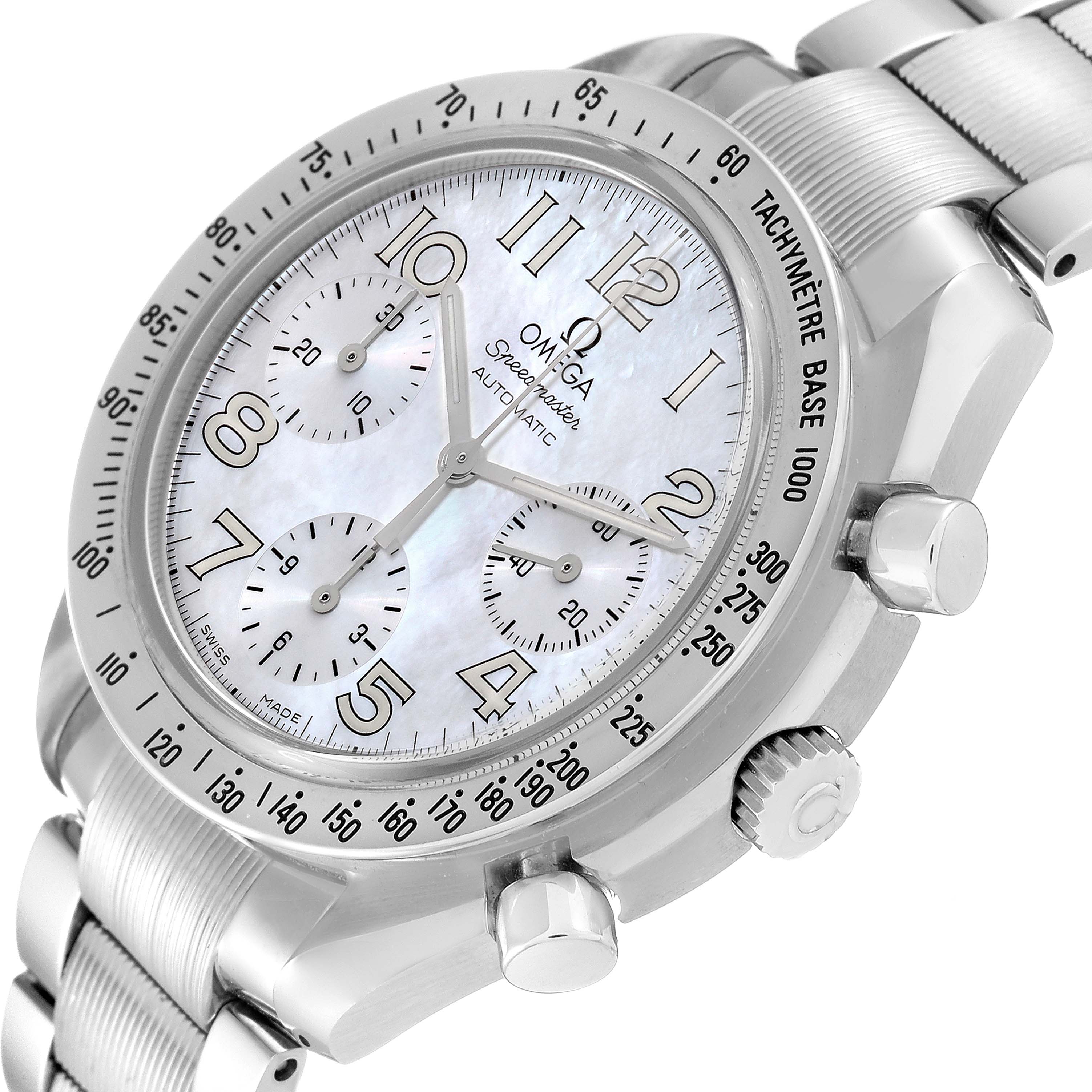 The image shows an angled close-up of the Omega Speedmaster 3534.70.00 Men's Stainless Steel Mother of Pearl Dial 3534.70.00 Men's Stainless Steel Mother of Pearl Dial watch, highlighting its face, bezel, and chronograph pushers.