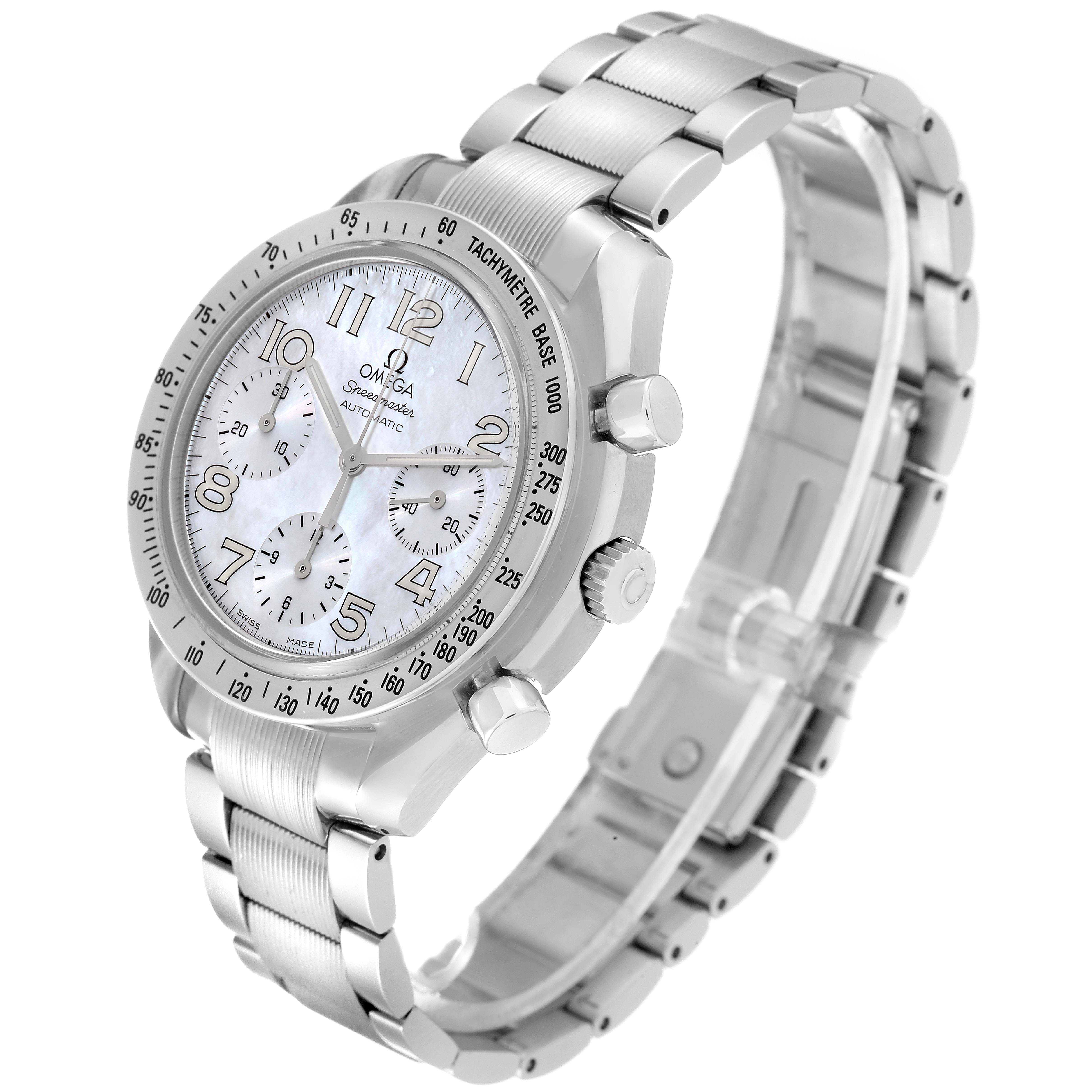 This image shows an Omega Speedmaster 3534.70.00 Men's Stainless Steel Mother of Pearl Dial 3534.70.00 Men's Stainless Steel Mother of Pearl Dial watch from a three-quarter angle, highlighting the watch face, bezel, crown, and pushers.