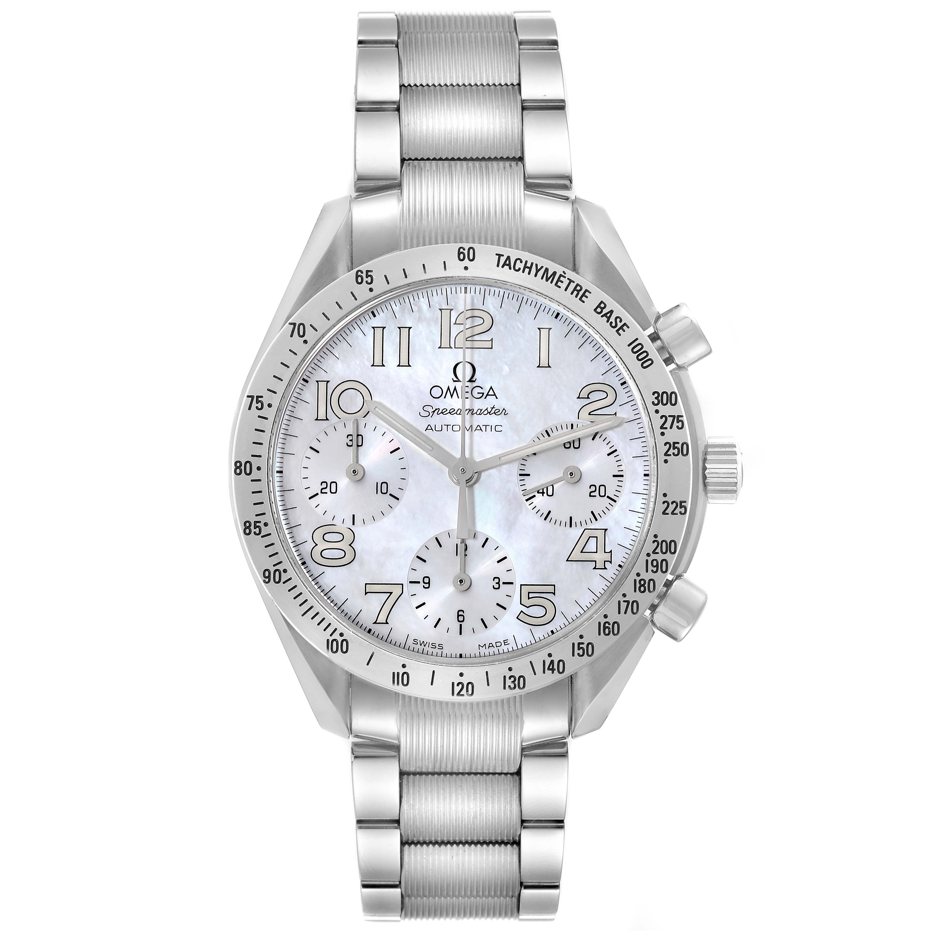 The image shows a front view of the Omega Speedmaster 3534.70.00 Men's Stainless Steel Mother of Pearl Dial 3534.70.00 Men's Stainless Steel Mother of Pearl Dial watch, highlighting its dial, bezel, and bracelet.