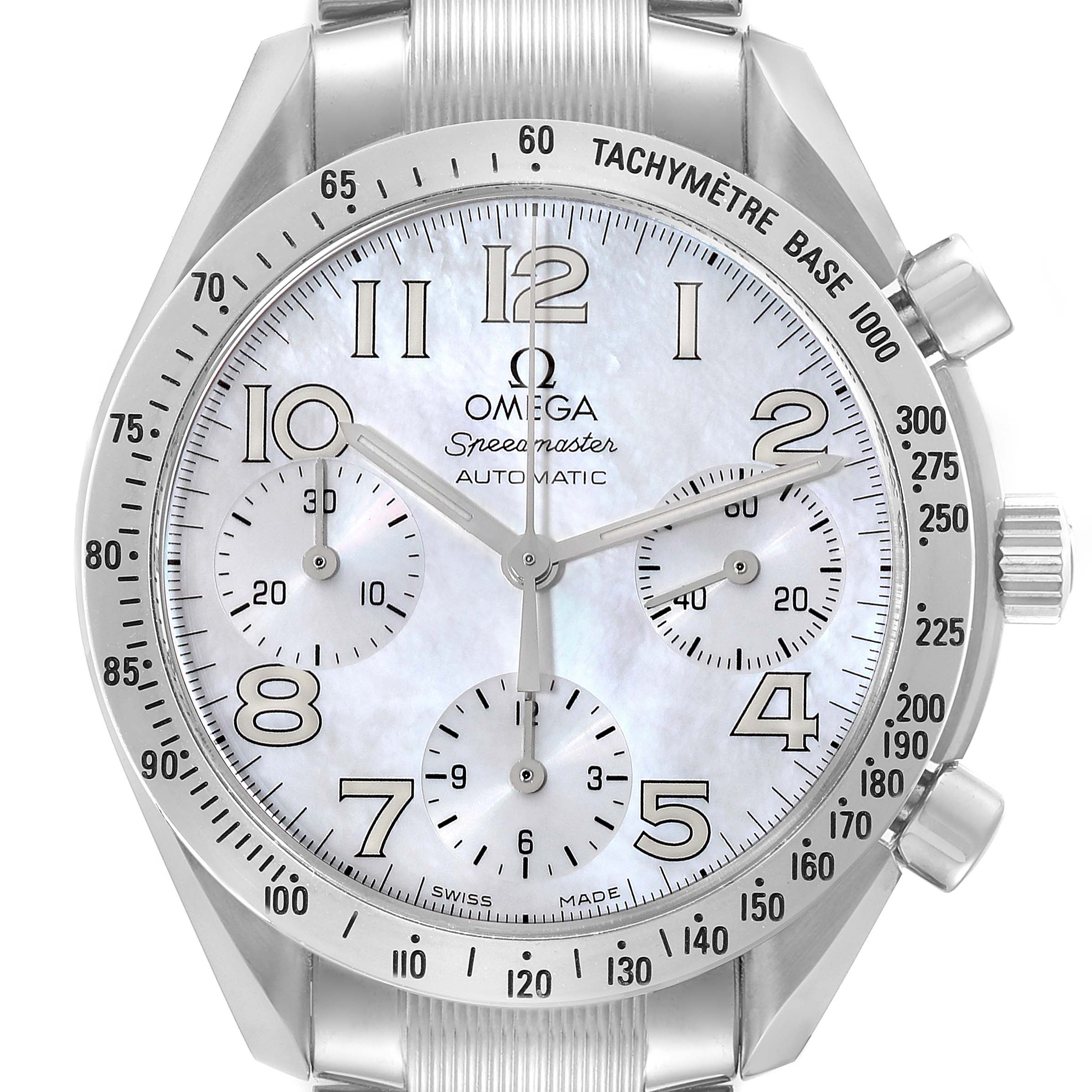 The image shows a frontal view of the dial and bezel of the Omega Speedmaster 3534.70.00 Men's Stainless Steel Mother of Pearl Dial 3534.70.00 Men's Stainless Steel Mother of Pearl Dial watch.