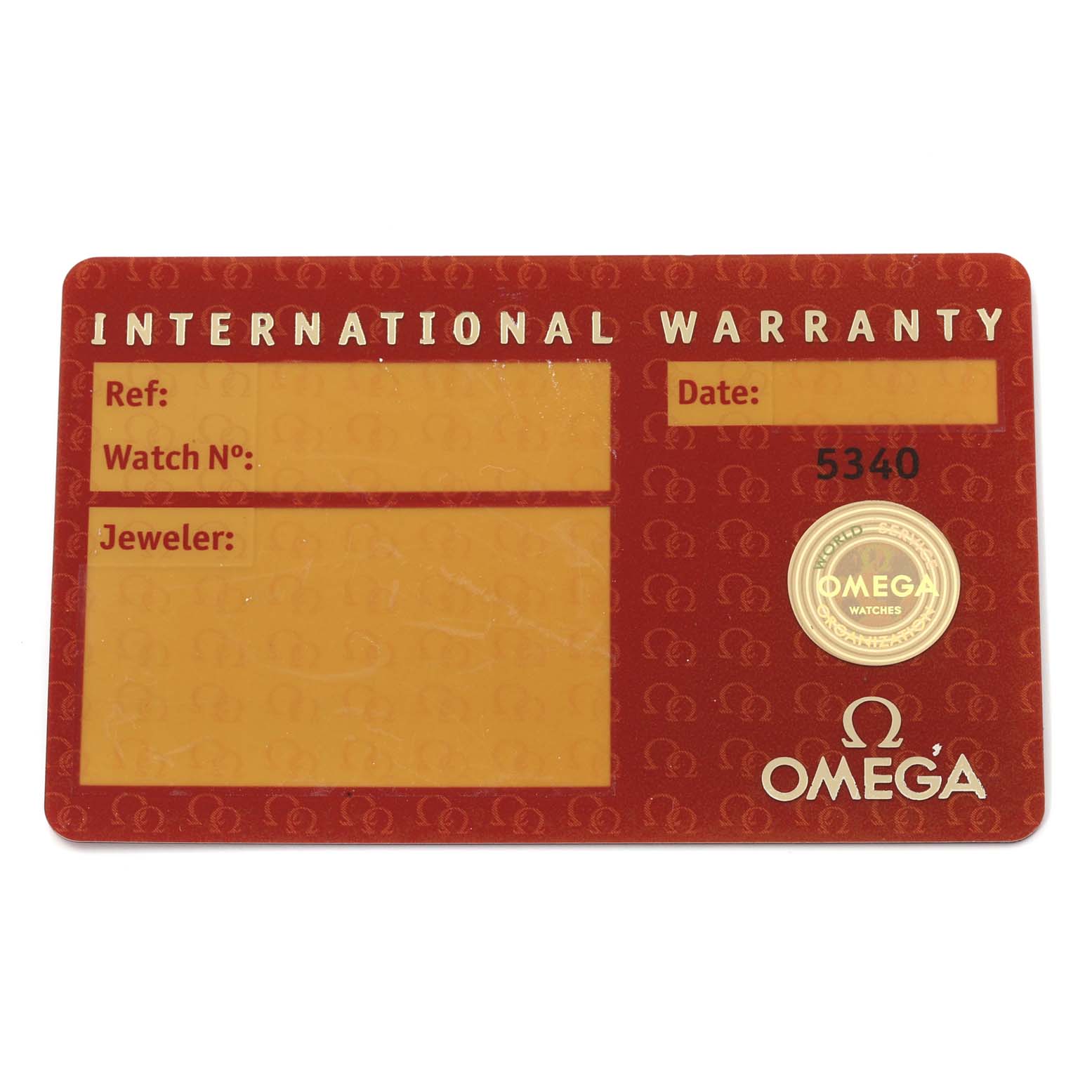 This is an Omega Speedmaster 3534.70.00 Men's Stainless Steel Mother of Pearl Dial 3534.70.00 Men's Stainless Steel Mother of Pearl Dial model international warranty card, showing fields for reference, watch number, jeweler, and date.