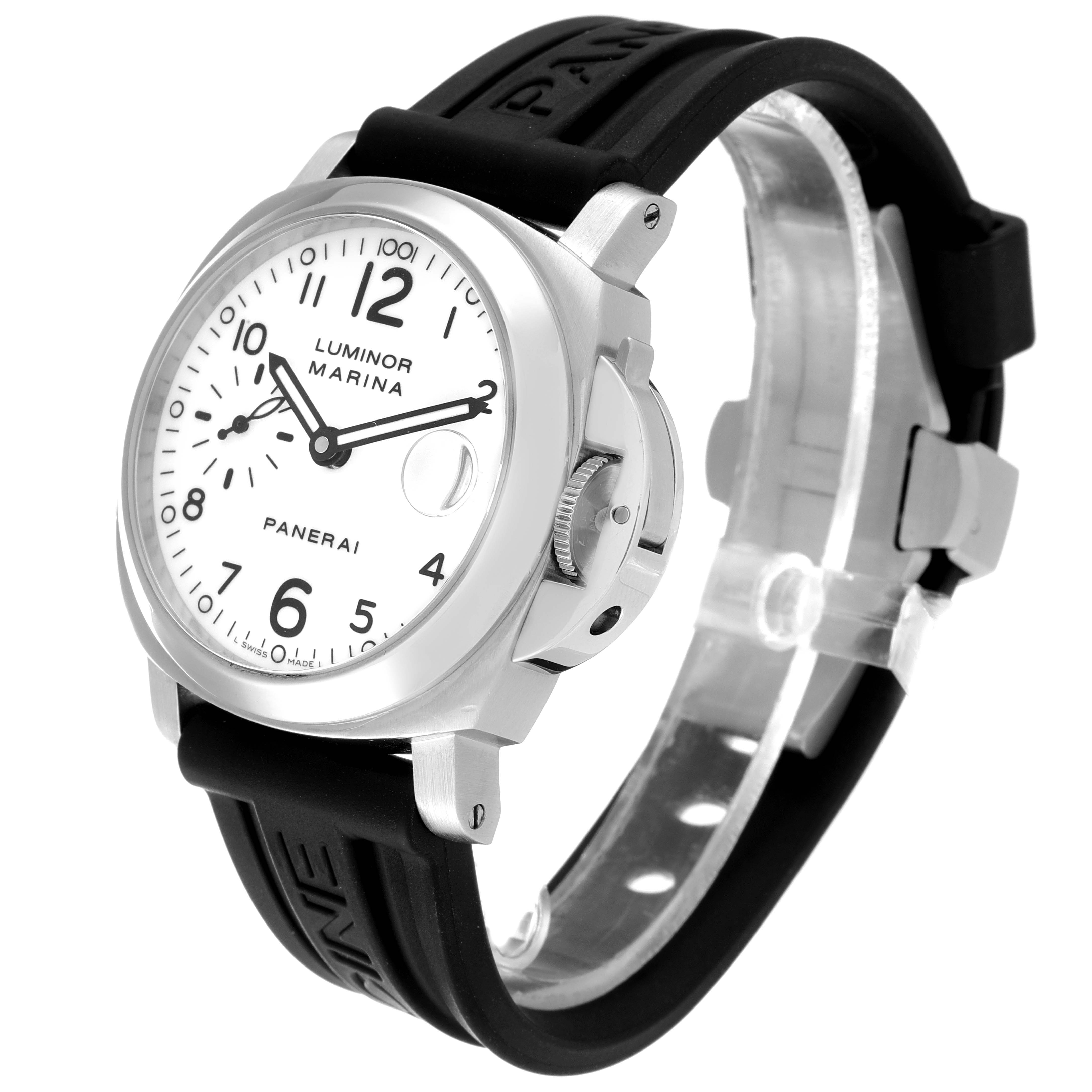 This image shows a side-angle view of a Panerai Luminor PAM00051 Men's Stainless Steel White Dial PAM00051 Men's Stainless Steel White Dial Marina watch, highlighting the dial, case, and rubber strap.
