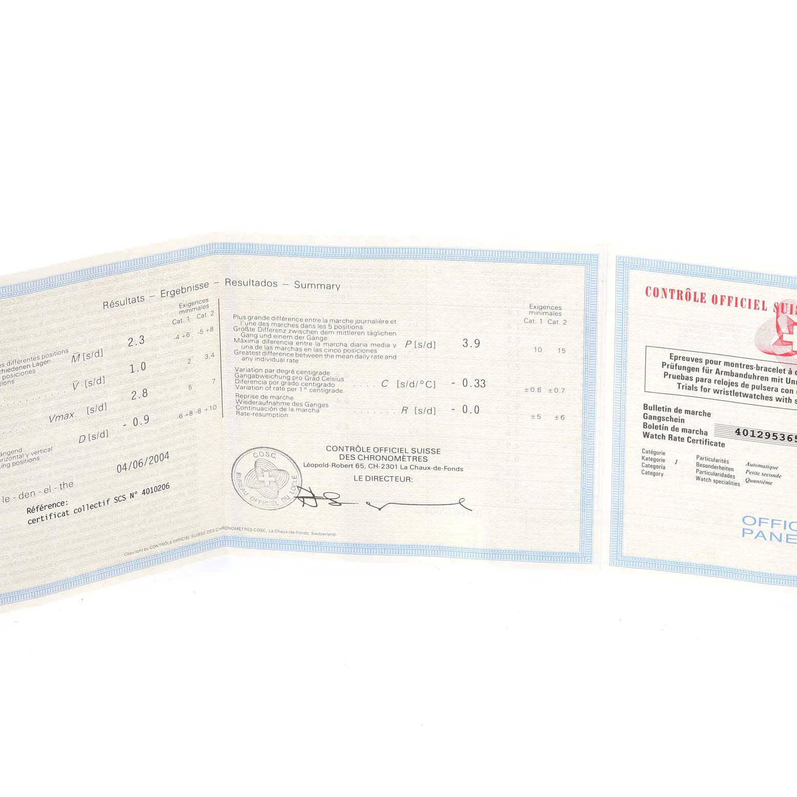 This image shows an official Panerai Luminor PAM00051 Men's Stainless Steel White Dial PAM00051 Men's Stainless Steel White Dial model watch certificate and chronometer test results.