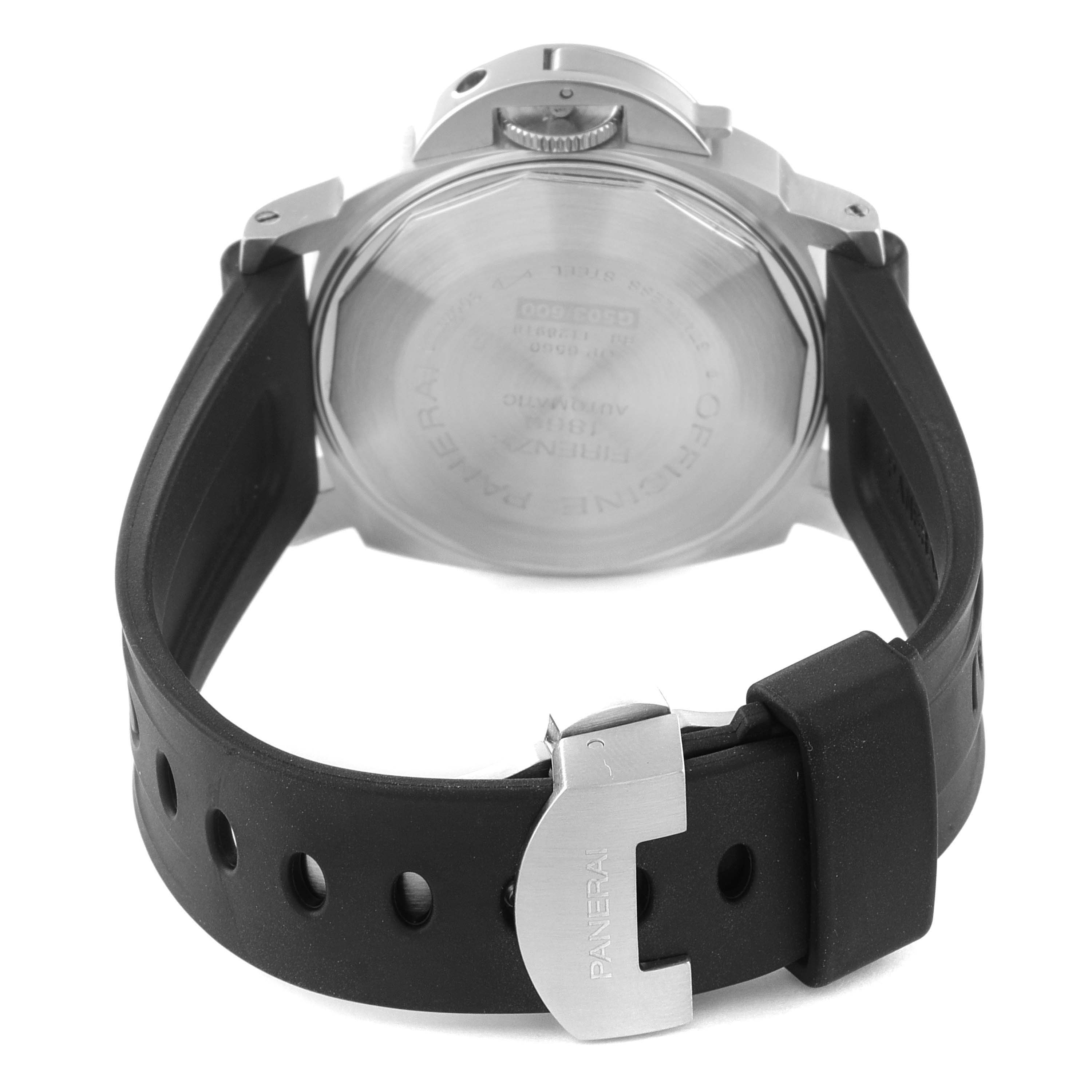 This image shows the backside of a Panerai Luminor PAM00051 Men's Stainless Steel White Dial PAM00051 Men's Stainless Steel White Dial watch, including the case back, crown guard, and rubber strap with buckle.
