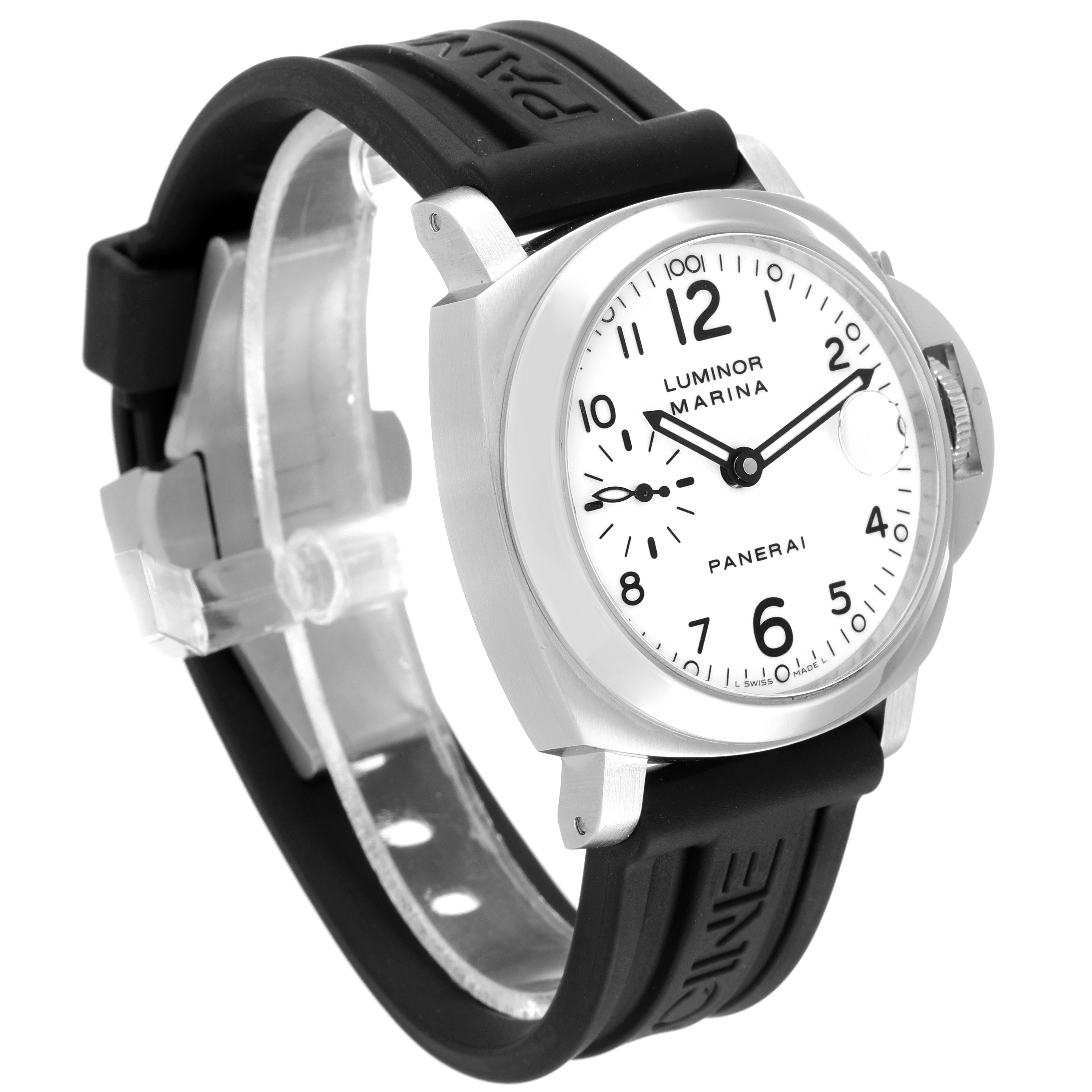 The image shows a Panerai Luminor PAM00051 Men's Stainless Steel White Dial PAM00051 Men's Stainless Steel White Dial watch at a three-quarter angle, highlighting the face and rubber strap.