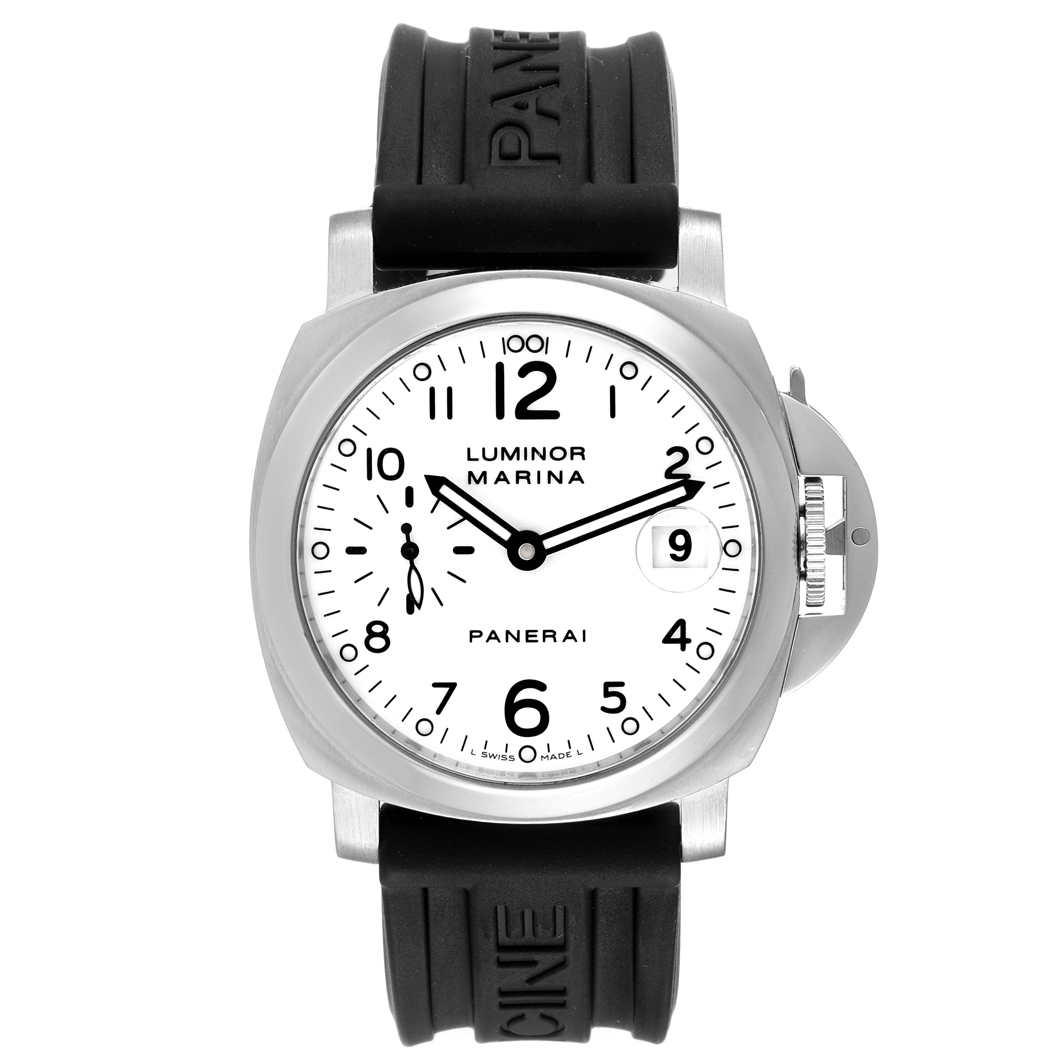 This image shows a front view of the Panerai Luminor PAM00051 Men's Stainless Steel White Dial PAM00051 Men's Stainless Steel White Dial Marina watch, displaying the dial, crown, and rubber strap.