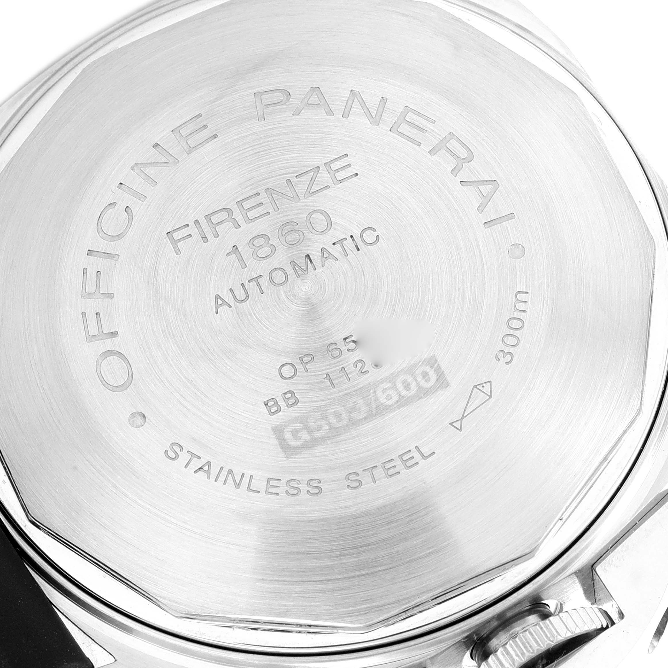 This image shows the back case of a Luminor model by Panerai, highlighting its engraved details.