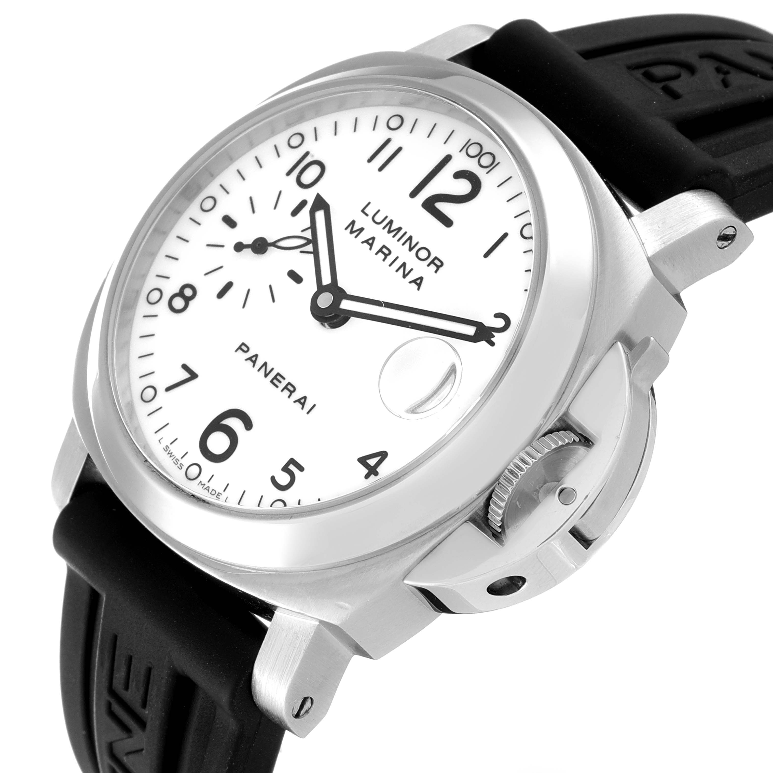This image shows a Panerai Luminor PAM00051 Men's Stainless Steel White Dial PAM00051 Men's Stainless Steel White Dial watch at a three-quarter angle highlighting its dial, crown guard, and strap.