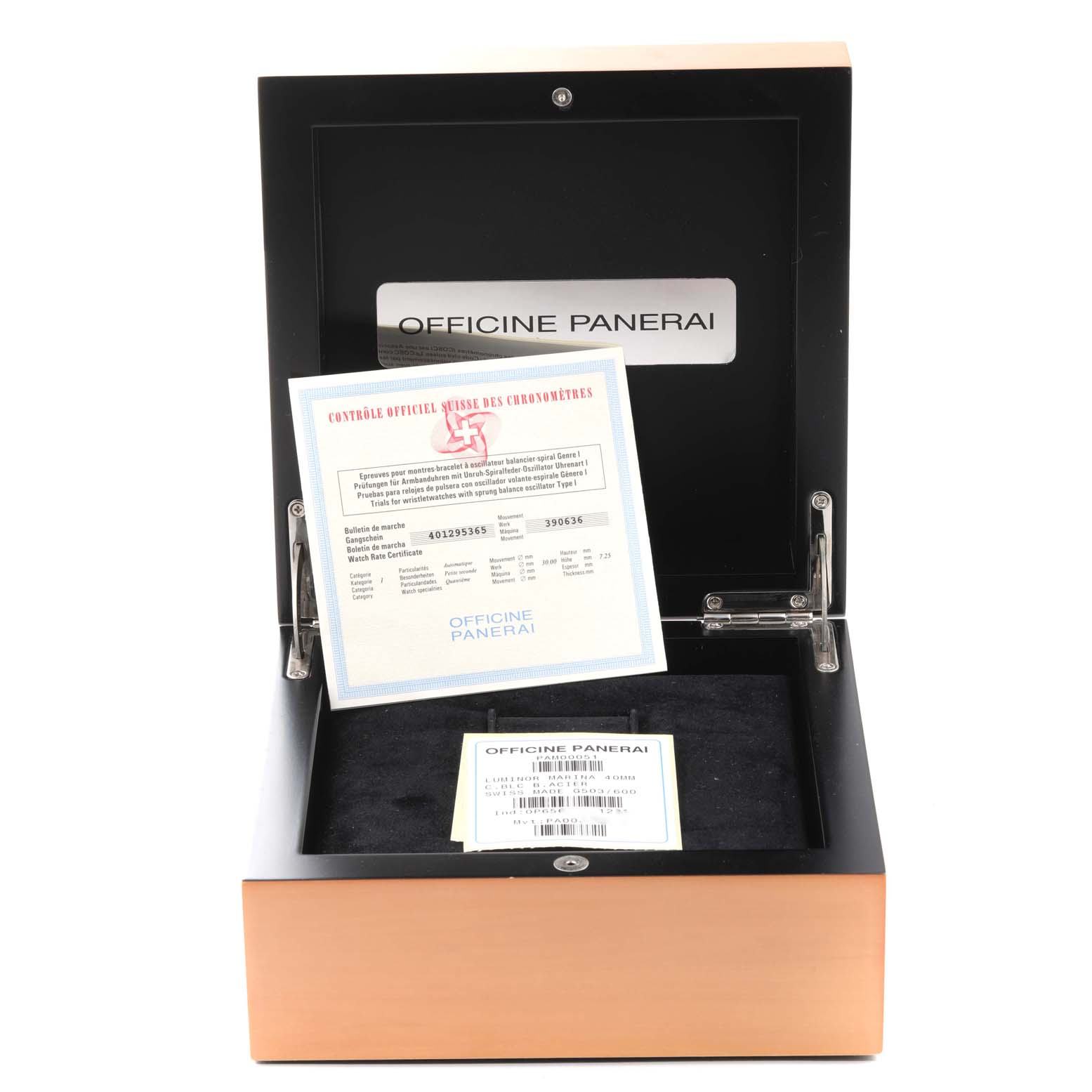 The image shows the open box of a Panerai Luminor PAM00051 Men's Stainless Steel White Dial PAM00051 Men's Stainless Steel White Dial watch, featuring certification documents and owner’s manuals inside.