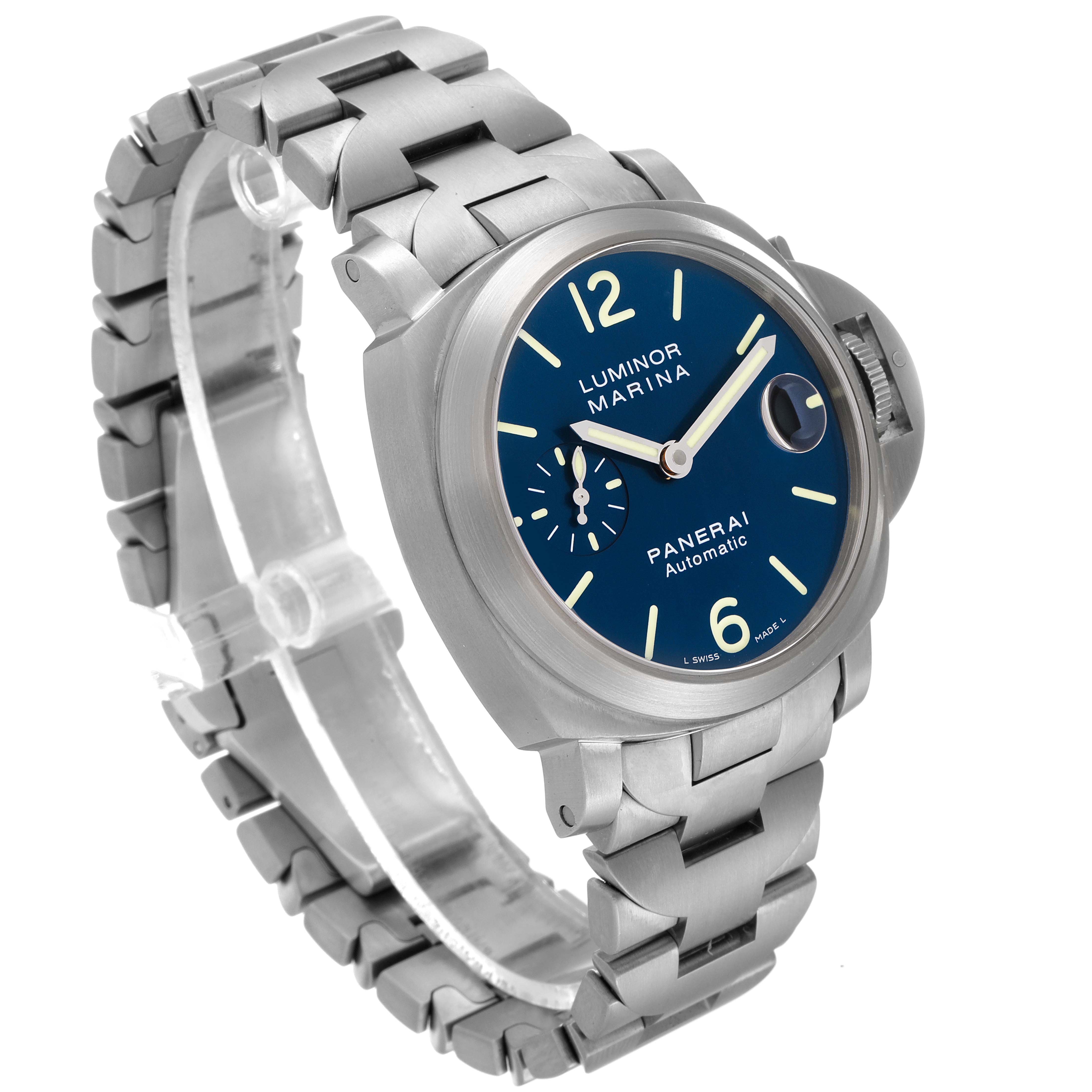 The Panerai Luminor PAM00283 Men's Titanium Blue Dial PAM00283 Men's Titanium Blue Dial Marina watch is shown at an angle, highlighting its blue dial, stainless steel case, and bracelet.