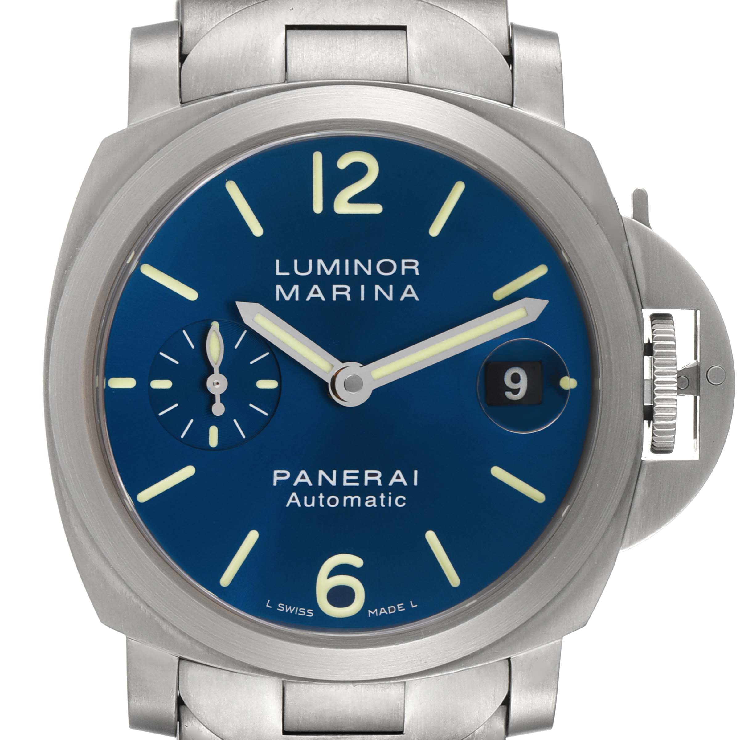The image shows a front view of the Panerai Luminor PAM00283 Men's Titanium Blue Dial PAM00283 Men's Titanium Blue Dial Marina watch with a blue dial.