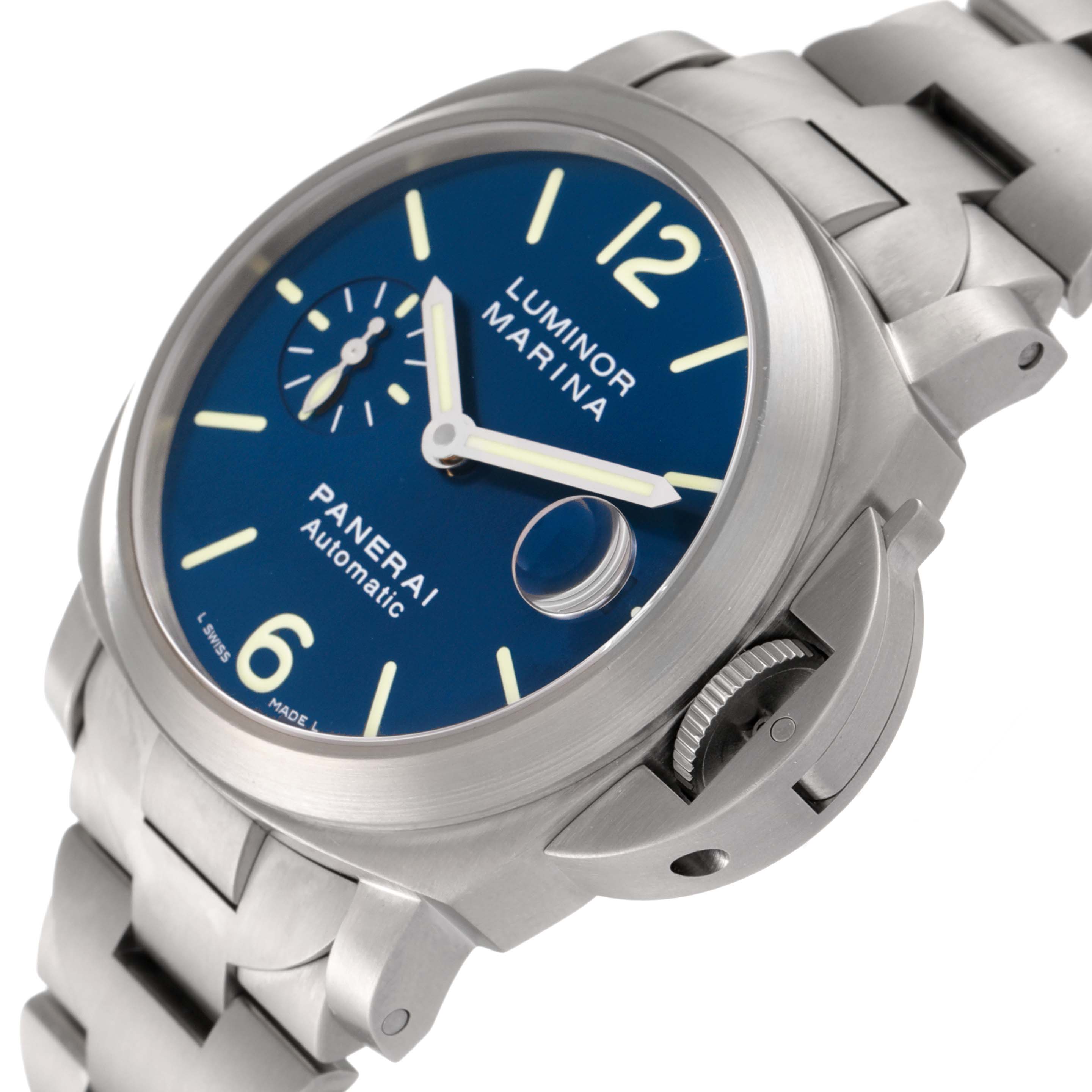 This image shows a close-up angle of a Panerai Luminor PAM00283 Men's Titanium Blue Dial PAM00283 Men's Titanium Blue Dial Marina watch, highlighting its blue dial, hands, crown guard, and bracelet.