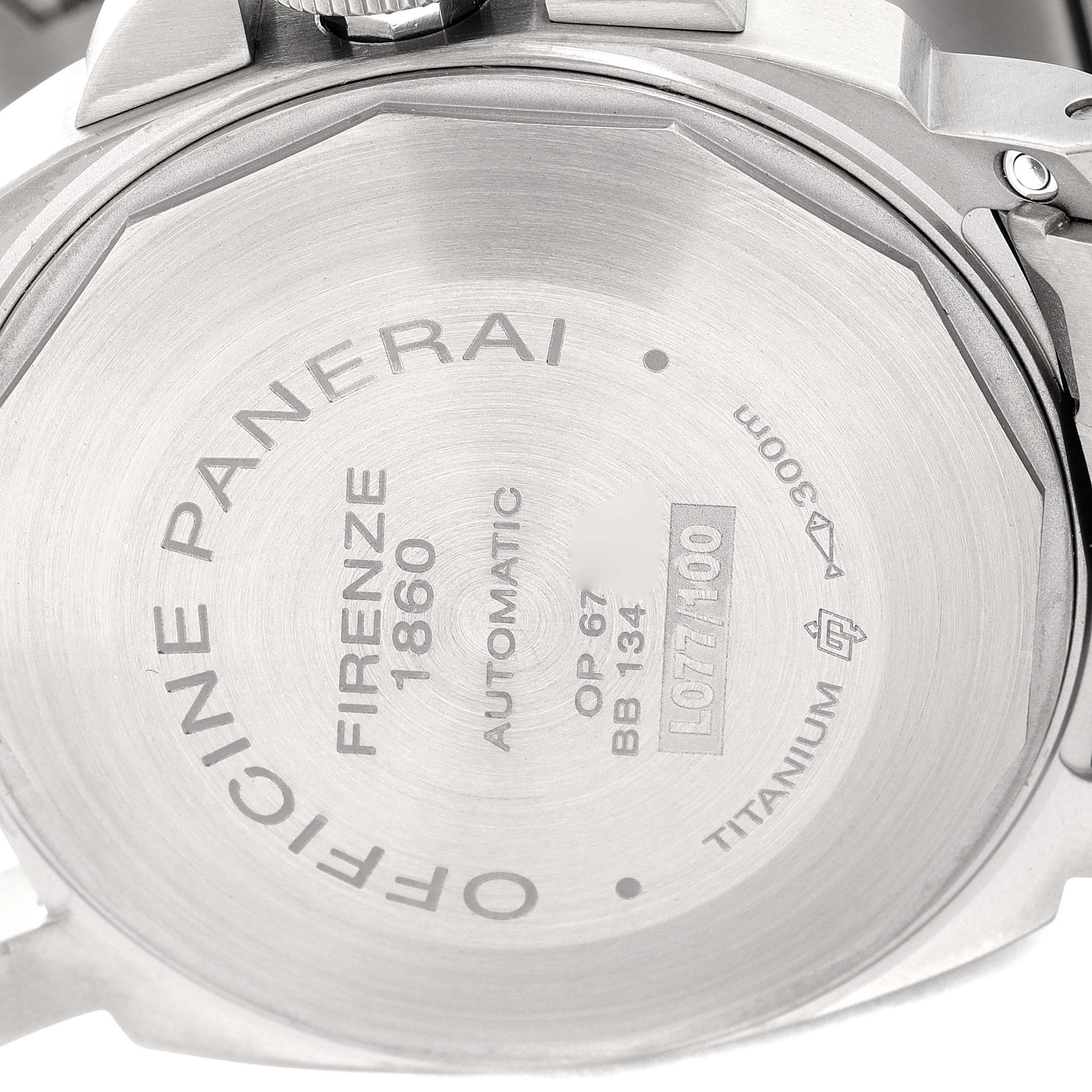 This image shows the case back of a Panerai Luminor PAM00283 Men's Titanium Blue Dial PAM00283 Men's Titanium Blue Dial watch, highlighting the engravings and specifications.