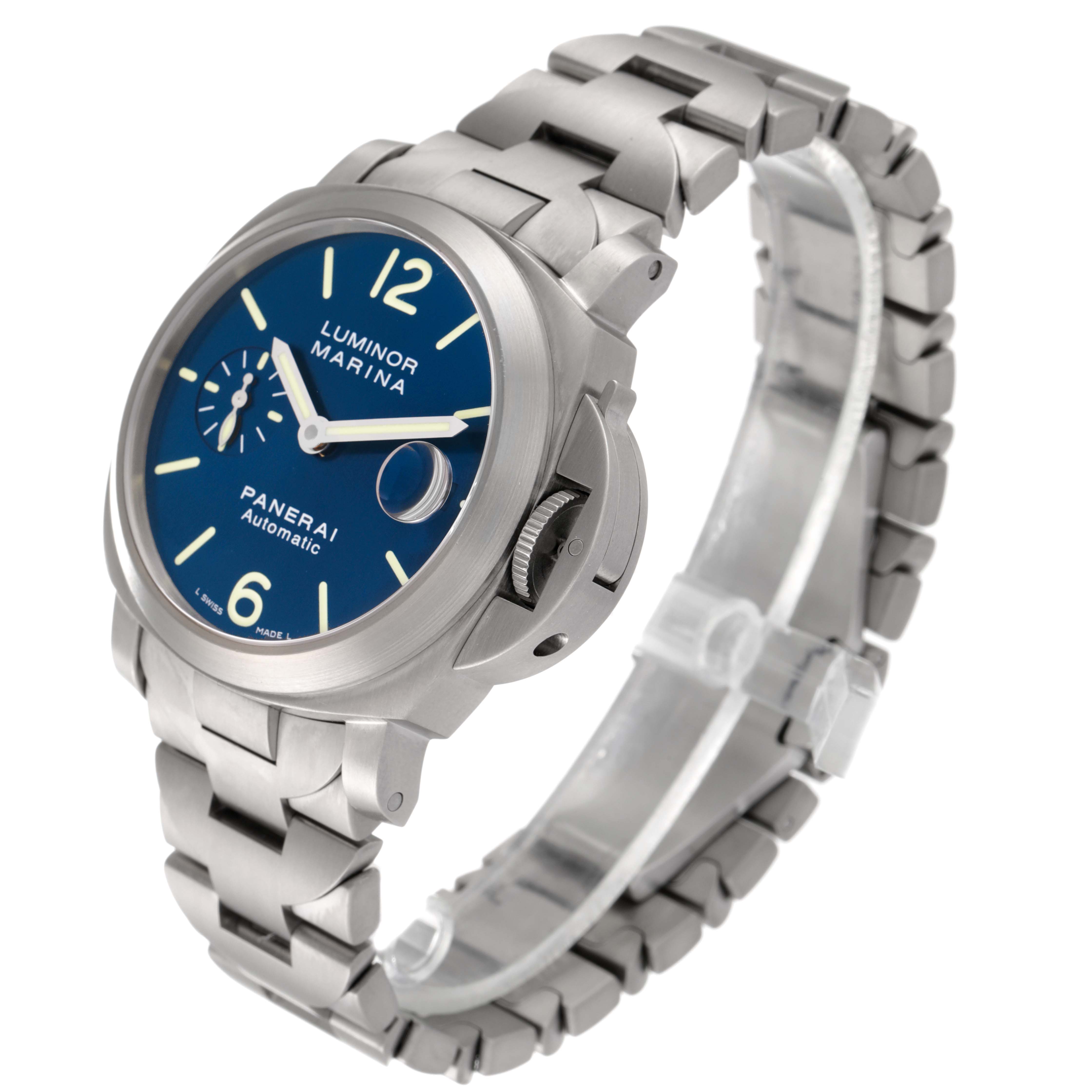 The image shows a side angle of a Panerai Luminor PAM00283 Men's Titanium Blue Dial PAM00283 Men's Titanium Blue Dial Marina watch, highlighting its blue dial and stainless steel bracelet.