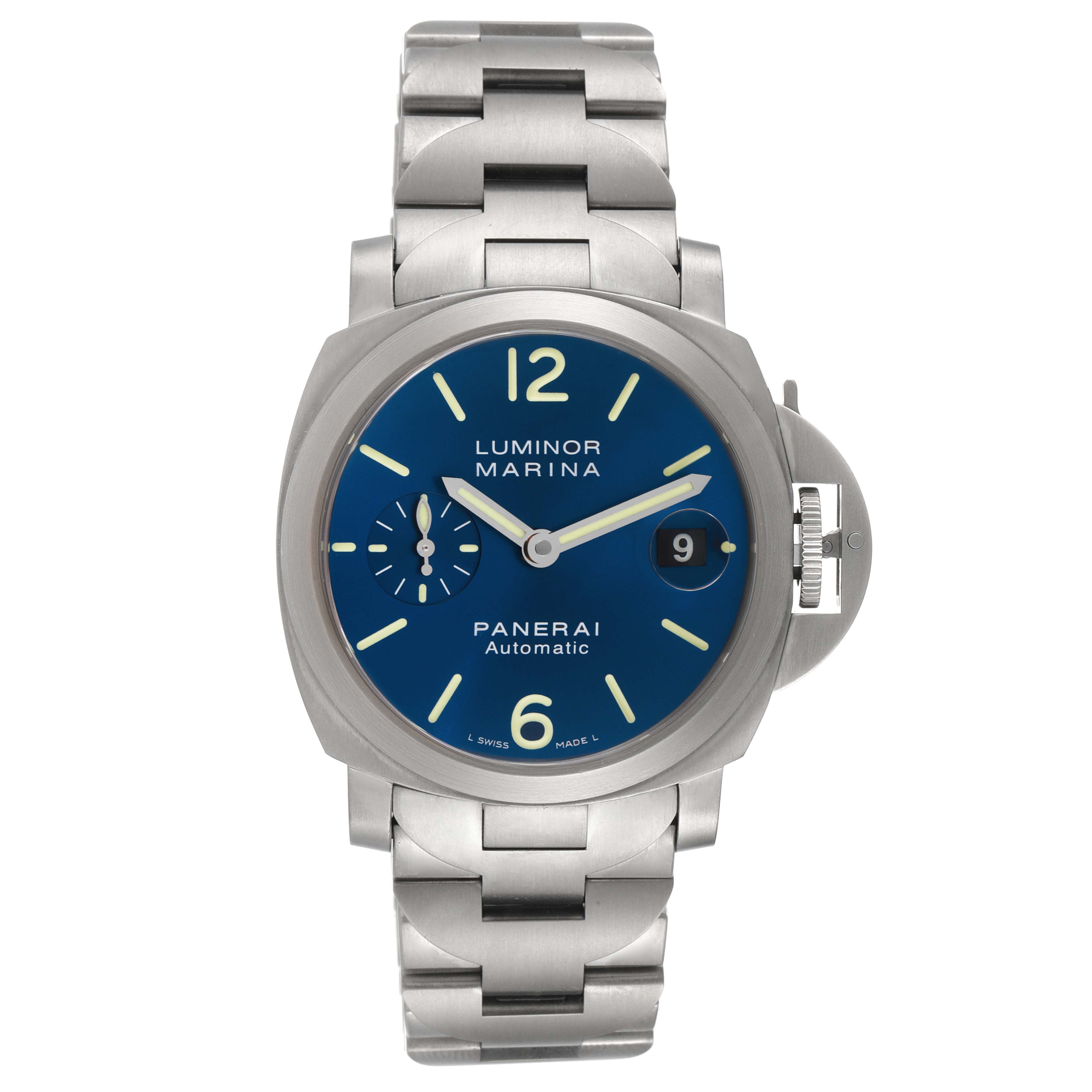 This image shows a front view of a Panerai Luminor PAM00283 Men's Titanium Blue Dial PAM00283 Men's Titanium Blue Dial Marina watch, displaying the full face, strap, and crown protector.