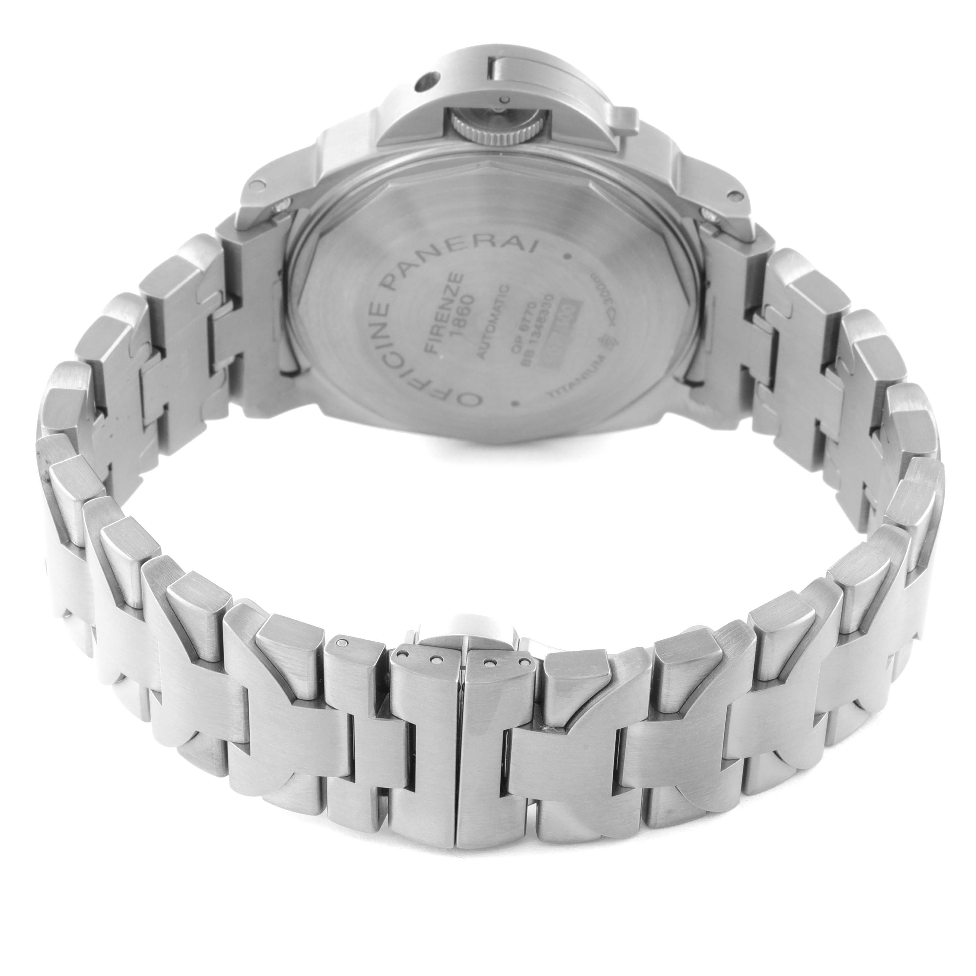 The image shows the back and bracelet of a Panerai Luminor PAM00283 Men's Titanium Blue Dial PAM00283 Men's Titanium Blue Dial watch from a rear angle.