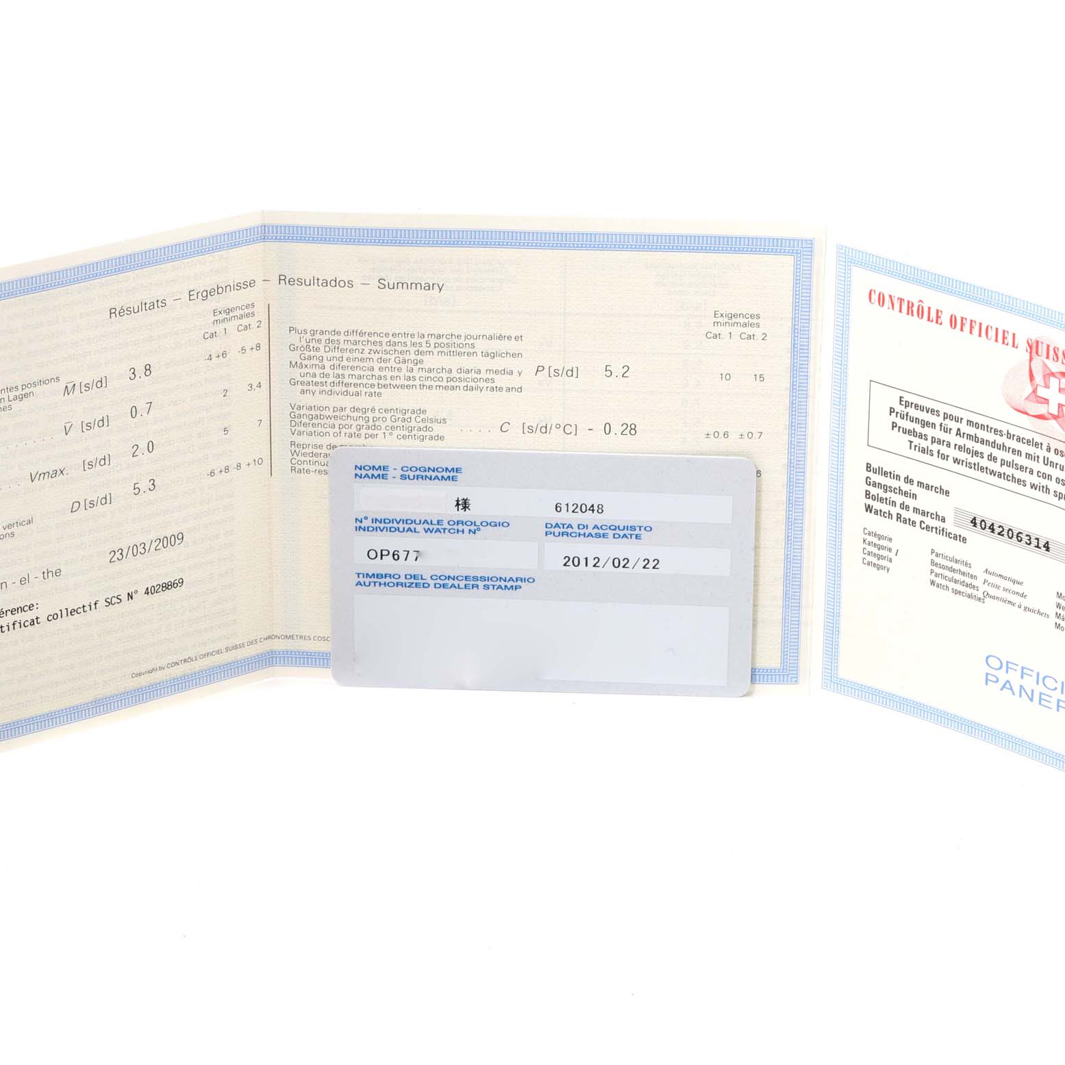 The image shows the certification and warranty card documents for a Panerai Luminor PAM00283 Men's Titanium Blue Dial PAM00283 Men's Titanium Blue Dial watch, displayed flat and open.