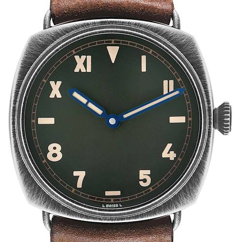 The Panerai Radiomir PAM01349 Men's Stainless Steel Green Dial watch is shown from a front angle, displaying the dial, case, crown, and part of the leather strap.